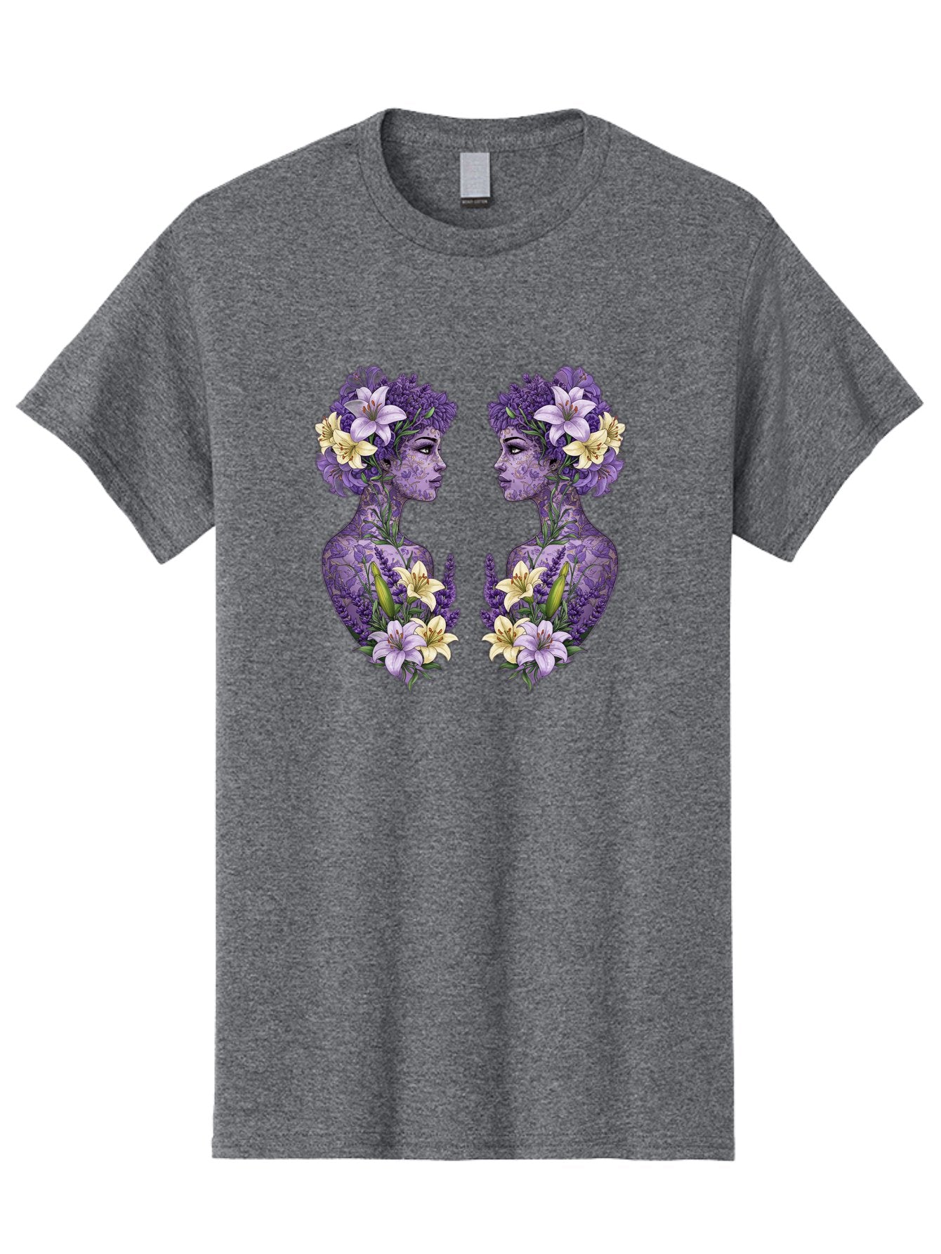 Floral-Twin-Profiles Men'S Graphic Tee, 100% Cotton, Comfortable Casual Summer Wear, Machine Washable, Female Profiles, Floral Crowns, Lilies, Lavender, Purple Flowers, Body Art, Nature-Inspired Design, Symbolic Imagery, Purple Tones, Bae180 7