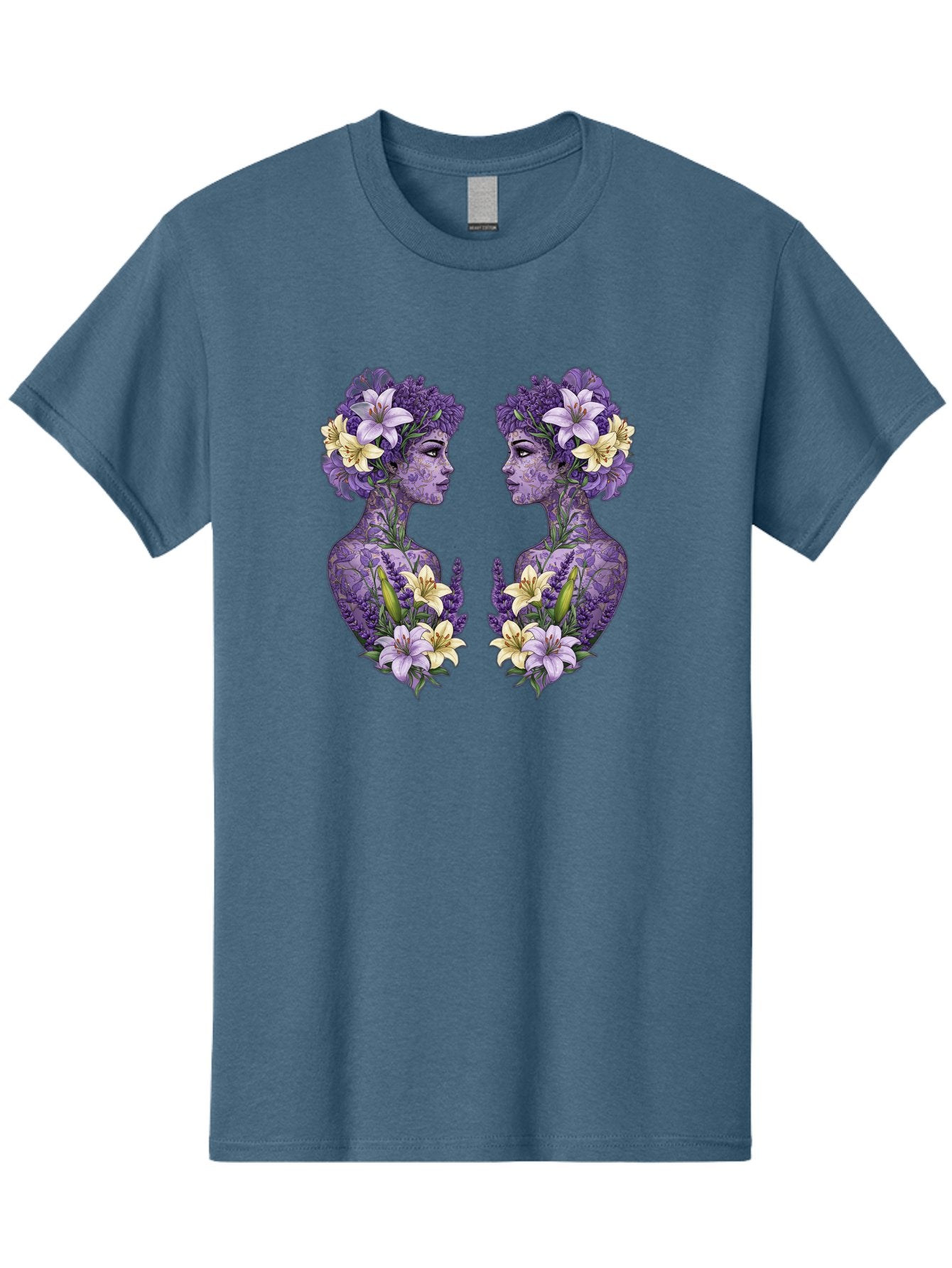 Floral-Twin-Profiles Men'S Graphic Tee, 100% Cotton, Comfortable Casual Summer Wear, Machine Washable, Female Profiles, Floral Crowns, Lilies, Lavender, Purple Flowers, Body Art, Nature-Inspired Design, Symbolic Imagery, Purple Tones, Bae180 9