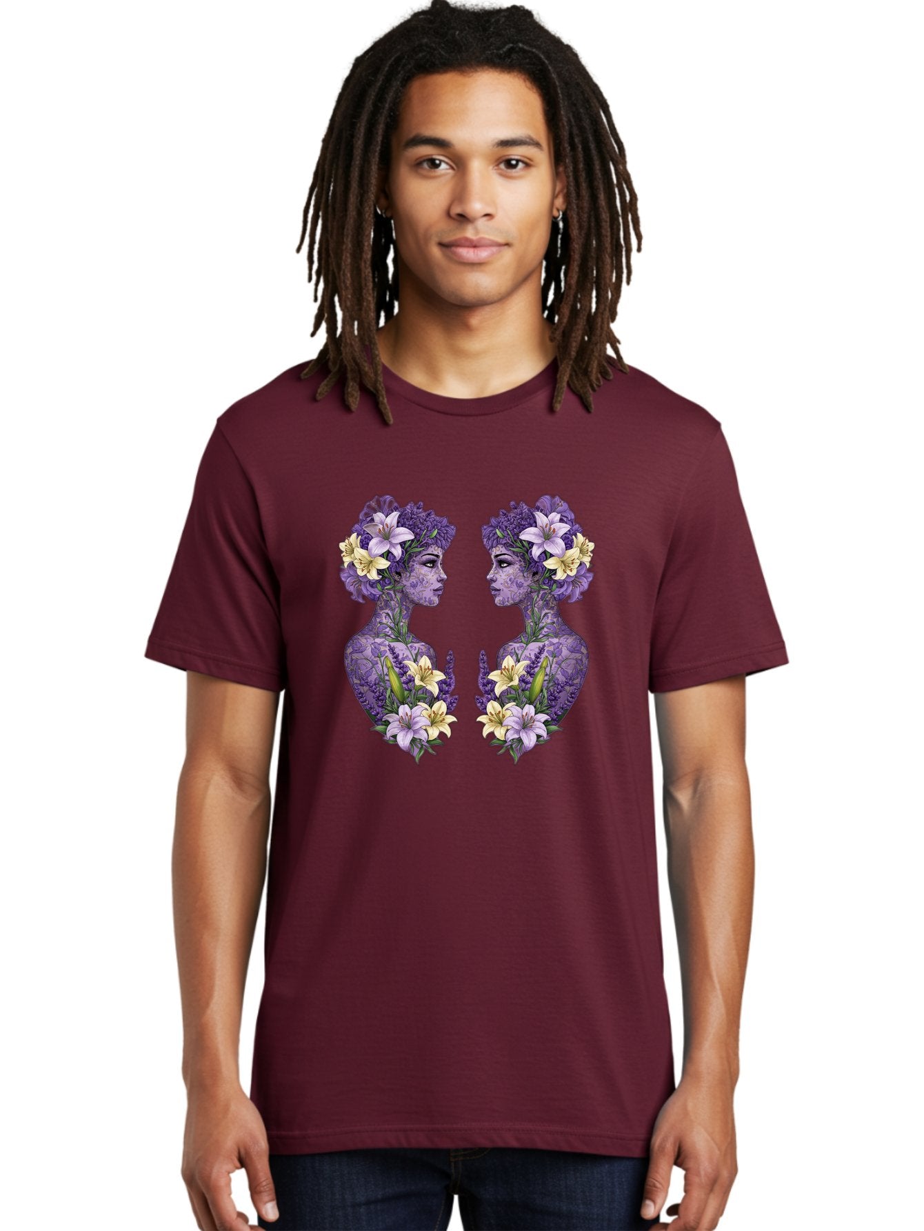Floral-Twin-Profiles Men'S Graphic Tee, 100% Cotton, Comfortable Casual Summer Wear, Machine Washable, Female Profiles, Floral Crowns, Lilies, Lavender, Purple Flowers, Body Art, Nature-Inspired Design, Symbolic Imagery, Purple Tones, Bae180 23