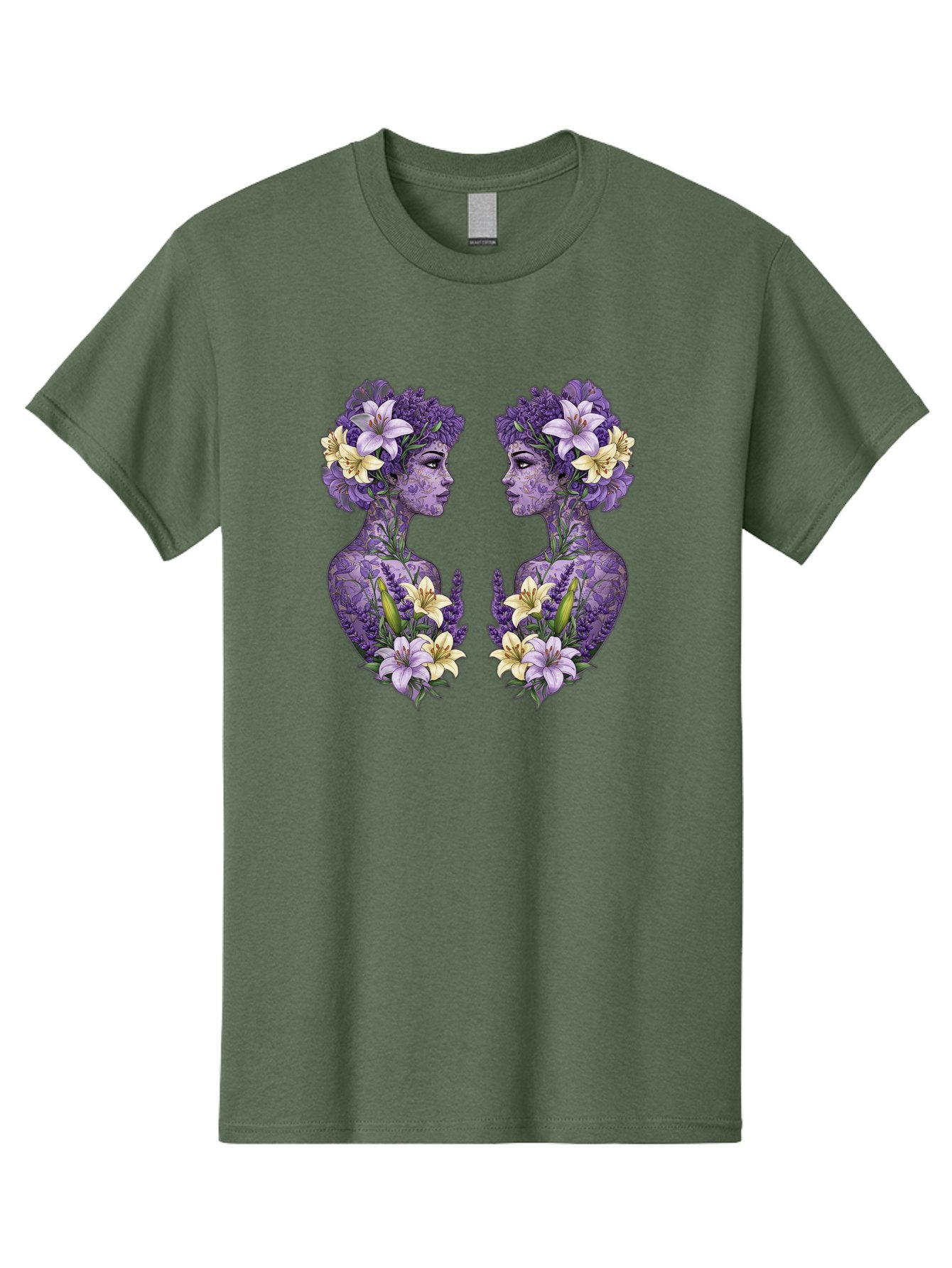 Floral-Twin-Profiles Men'S Graphic Tee, 100% Cotton, Comfortable Casual Summer Wear, Machine Washable, Female Profiles, Floral Crowns, Lilies, Lavender, Purple Flowers, Body Art, Nature-Inspired Design, Symbolic Imagery, Purple Tones, Bae180 3
