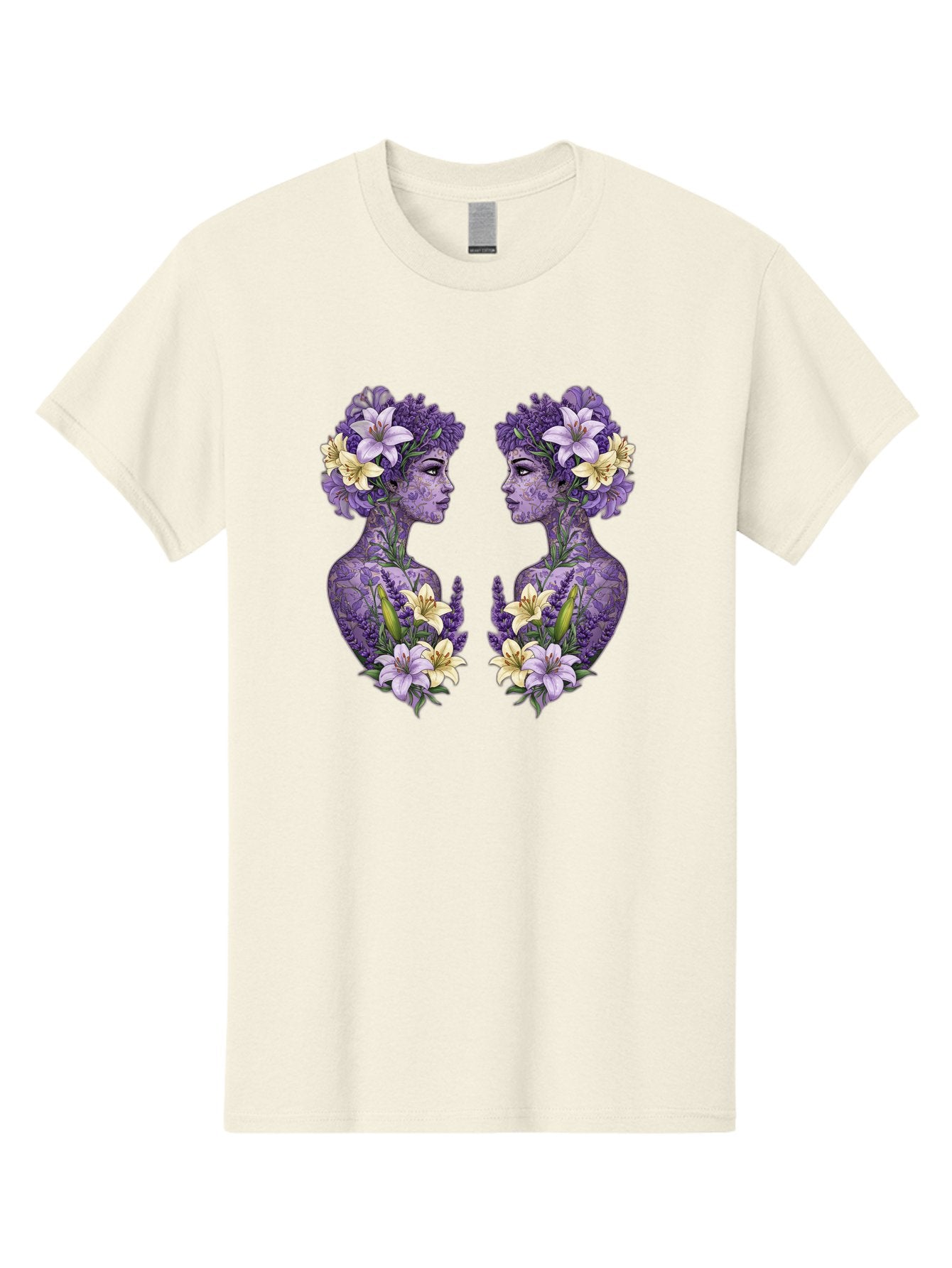 Floral-Twin-Profiles Men'S Graphic Tee, 100% Cotton, Comfortable Casual Summer Wear, Machine Washable, Female Profiles, Floral Crowns, Lilies, Lavender, Purple Flowers, Body Art, Nature-Inspired Design, Symbolic Imagery, Purple Tones, Bae180 15