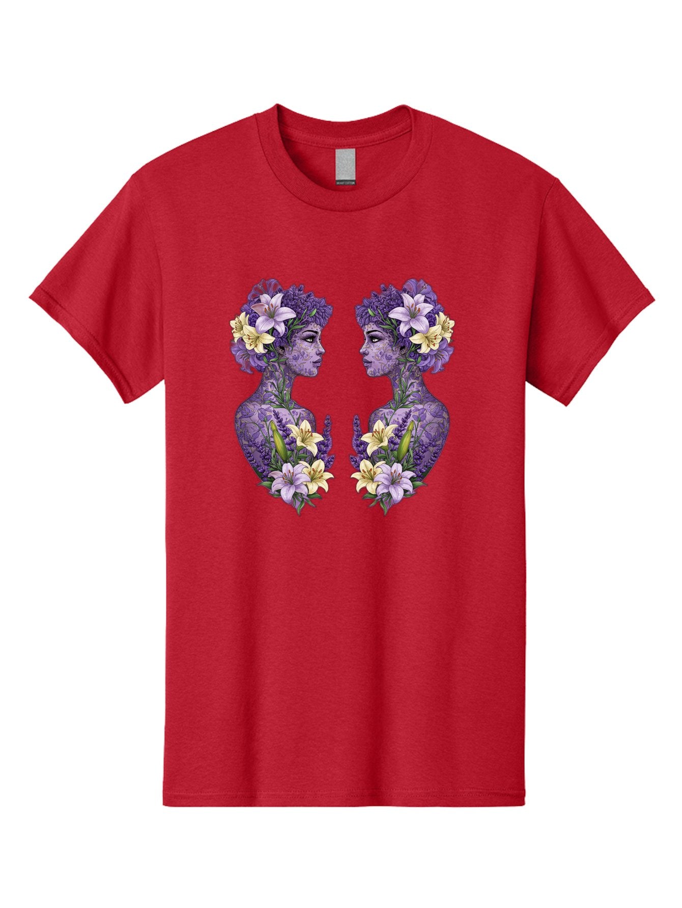 Floral-Twin-Profiles Men'S Graphic Tee, 100% Cotton, Comfortable Casual Summer Wear, Machine Washable, Female Profiles, Floral Crowns, Lilies, Lavender, Purple Flowers, Body Art, Nature-Inspired Design, Symbolic Imagery, Purple Tones, Bae180