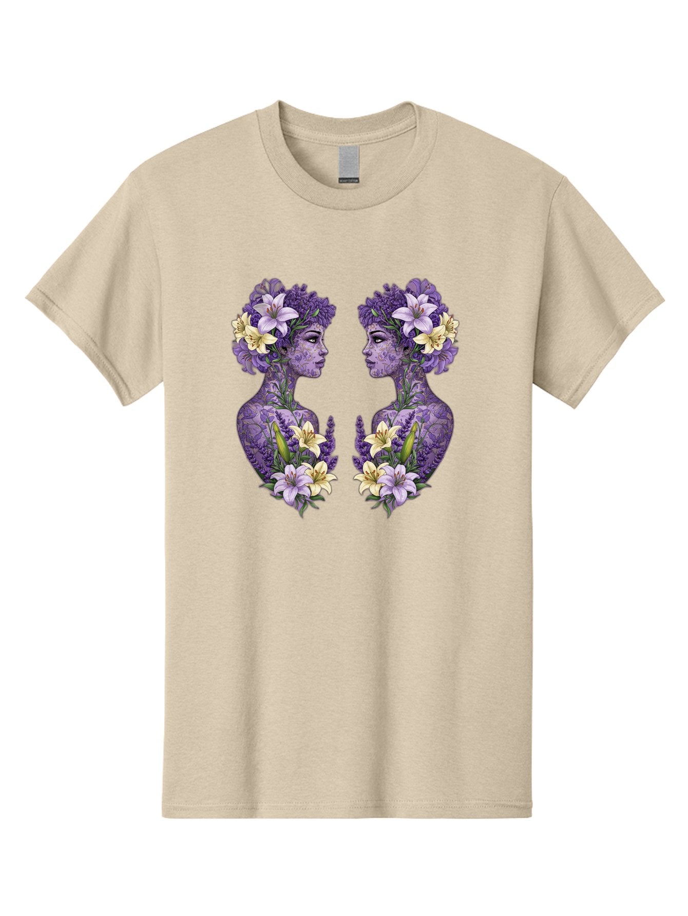Floral-Twin-Profiles Men'S Graphic Tee, 100% Cotton, Comfortable Casual Summer Wear, Machine Washable, Female Profiles, Floral Crowns, Lilies, Lavender, Purple Flowers, Body Art, Nature-Inspired Design, Symbolic Imagery, Purple Tones, Bae180 13