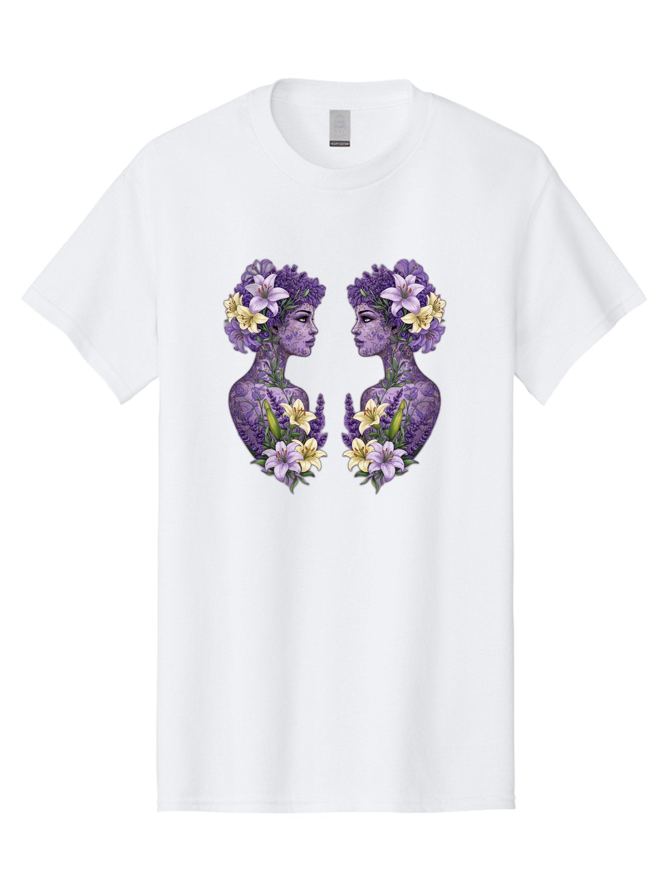 Floral-Twin-Profiles Men'S Graphic Tee, 100% Cotton, Comfortable Casual Summer Wear, Machine Washable, Female Profiles, Floral Crowns, Lilies, Lavender, Purple Flowers, Body Art, Nature-Inspired Design, Symbolic Imagery, Purple Tones, Bae180 14
