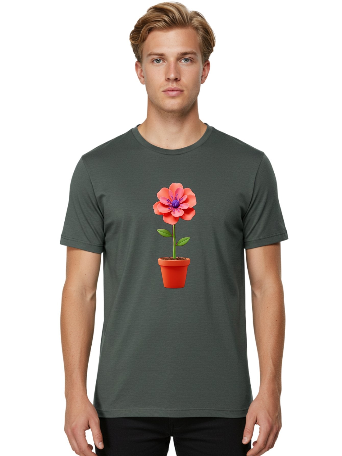 Flower-Pot Men'S Graphic Tee, 100% Cotton, Comfortable Casual Summer Wear, Machine Washable, Flower In Pot, Potted Plant, Pink Flower, Purple Center, Green Stem, Red Pot, Digital Illustration, Floral Design, Botanical Art, Garden Inspiration Bae181 26