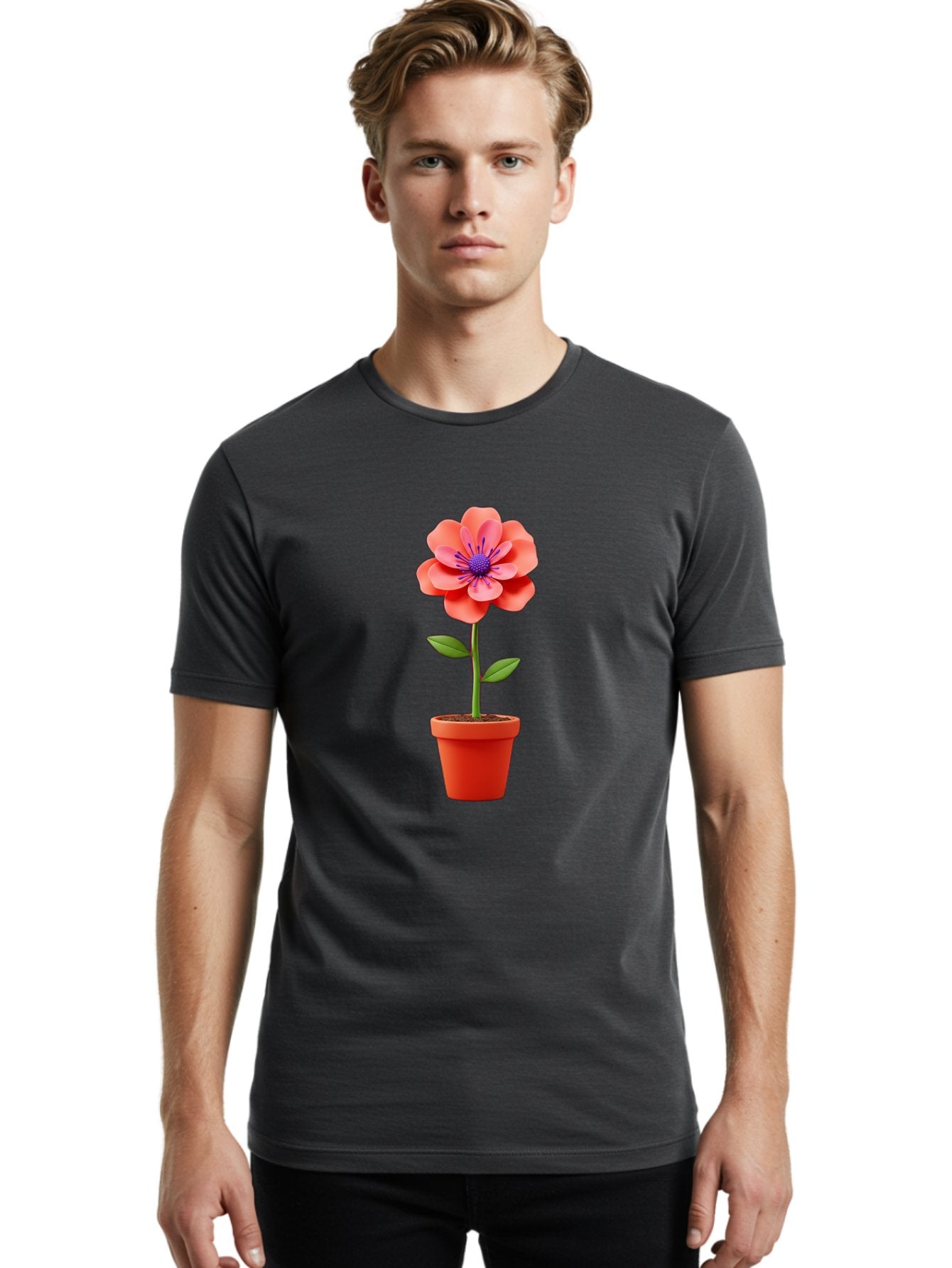 Flower-Pot Men'S Graphic Tee, 100% Cotton, Comfortable Casual Summer Wear, Machine Washable, Flower In Pot, Potted Plant, Pink Flower, Purple Center, Green Stem, Red Pot, Digital Illustration, Floral Design, Botanical Art, Garden Inspiration Bae181 28