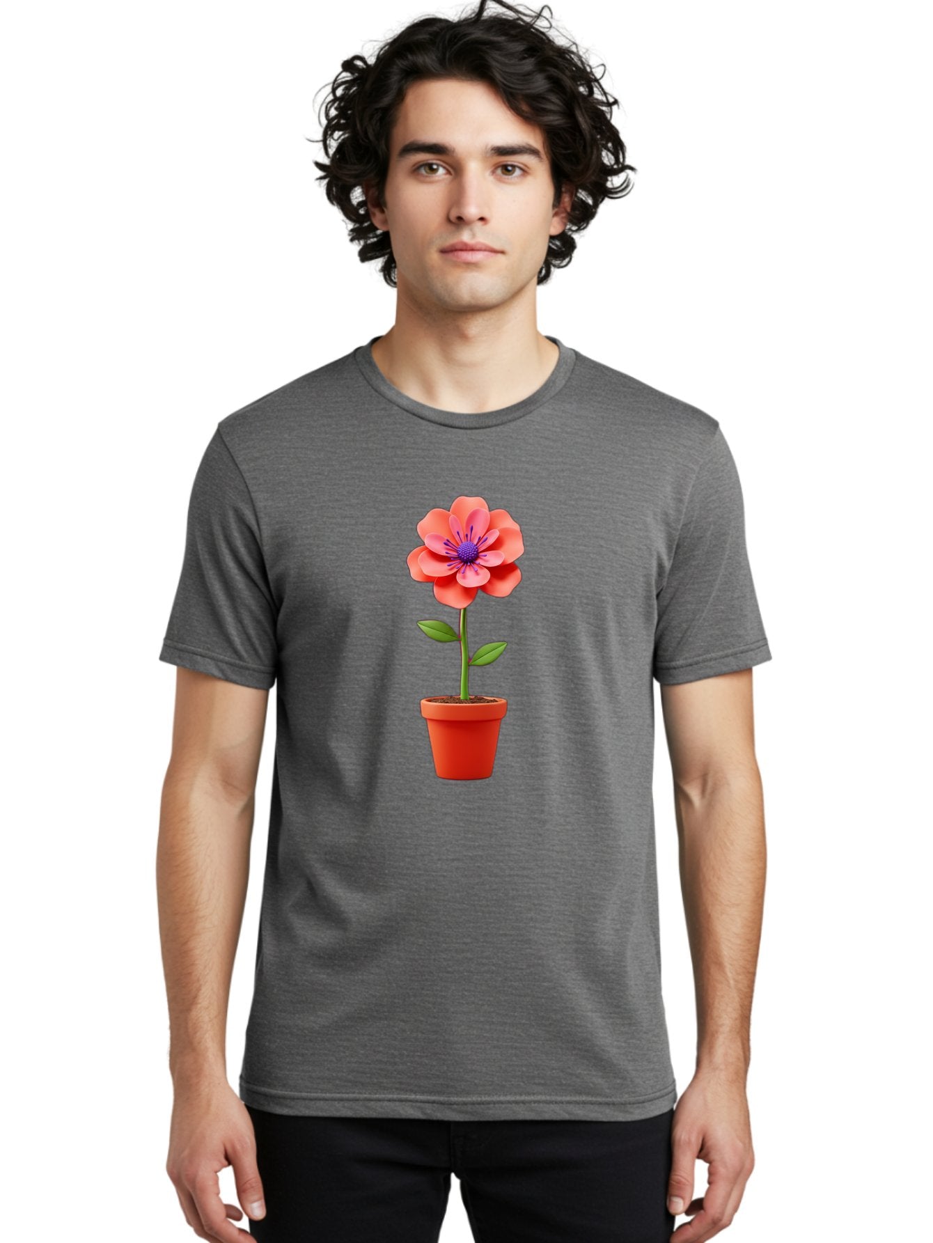 Flower-Pot Men'S Graphic Tee, 100% Cotton, Comfortable Casual Summer Wear, Machine Washable, Flower In Pot, Potted Plant, Pink Flower, Purple Center, Green Stem, Red Pot, Digital Illustration, Floral Design, Botanical Art, Garden Inspiration Bae181 20