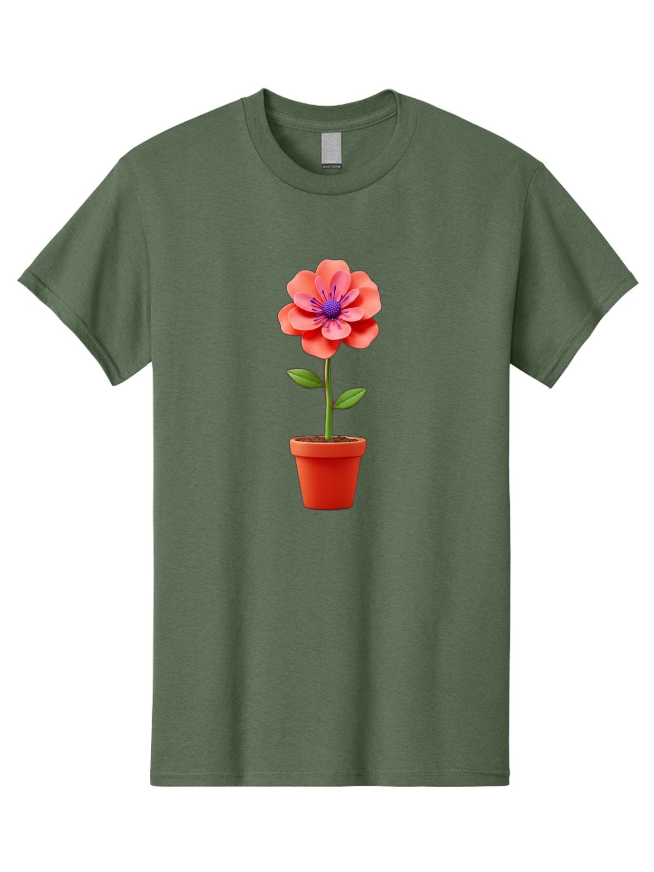 Flower-Pot Men'S Graphic Tee, 100% Cotton, Comfortable Casual Summer Wear, Machine Washable, Flower In Pot, Potted Plant, Pink Flower, Purple Center, Green Stem, Red Pot, Digital Illustration, Floral Design, Botanical Art, Garden Inspiration Bae181 11