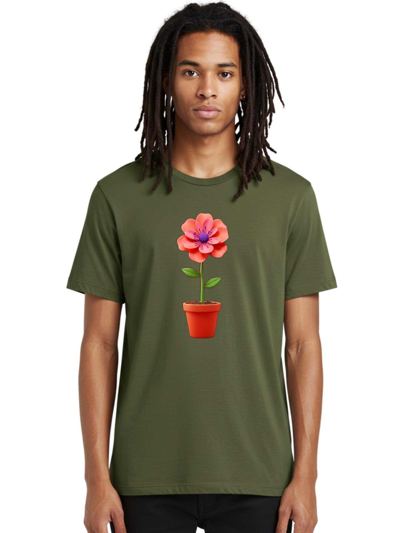Flower-Pot Men'S Graphic Tee, 100% Cotton, Comfortable Casual Summer Wear, Machine Washable, Flower In Pot, Potted Plant, Pink Flower, Purple Center, Green Stem, Red Pot, Digital Illustration, Floral Design, Botanical Art, Garden Inspiration Bae181 27