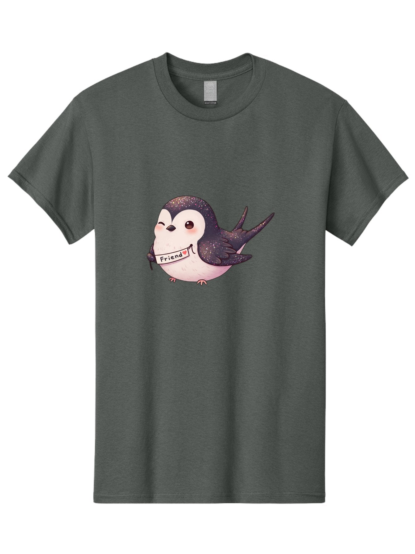 Friend Men'S Graphic Tee, 100% Cotton, Comfortable Casual Summer Wear, Machine Washable, Cartoon Bird, Friendship Symbol, Cute Animal, Bird Holding Sign, Sweet Gesture, Friendship Gift, Friendship Card, Adorable Illustration, Friendship Theme, Bae182 13