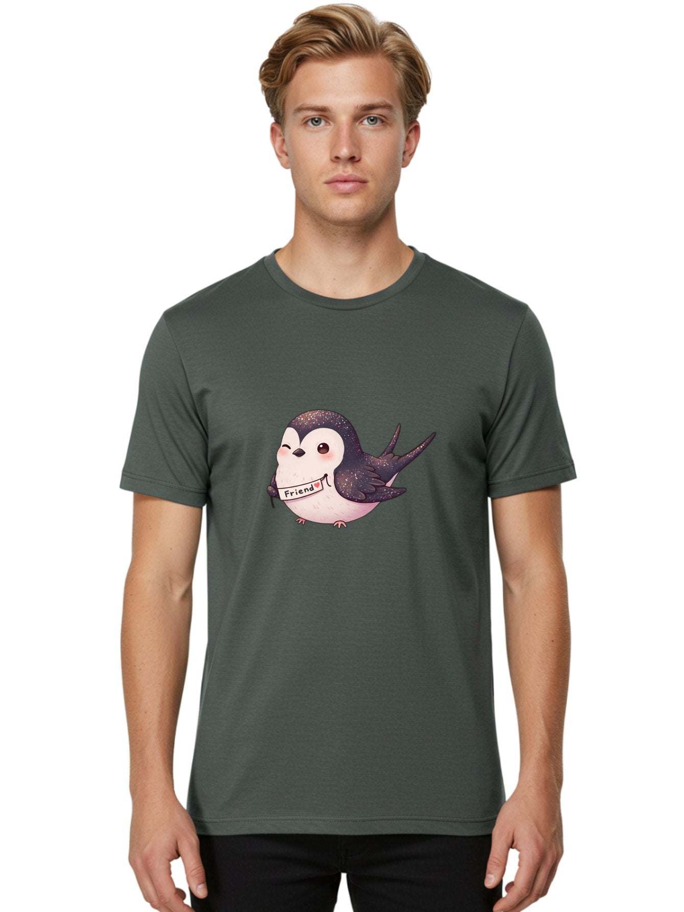 Friend Men'S Graphic Tee, 100% Cotton, Comfortable Casual Summer Wear, Machine Washable, Cartoon Bird, Friendship Symbol, Cute Animal, Bird Holding Sign, Sweet Gesture, Friendship Gift, Friendship Card, Adorable Illustration, Friendship Theme, Bae182 20