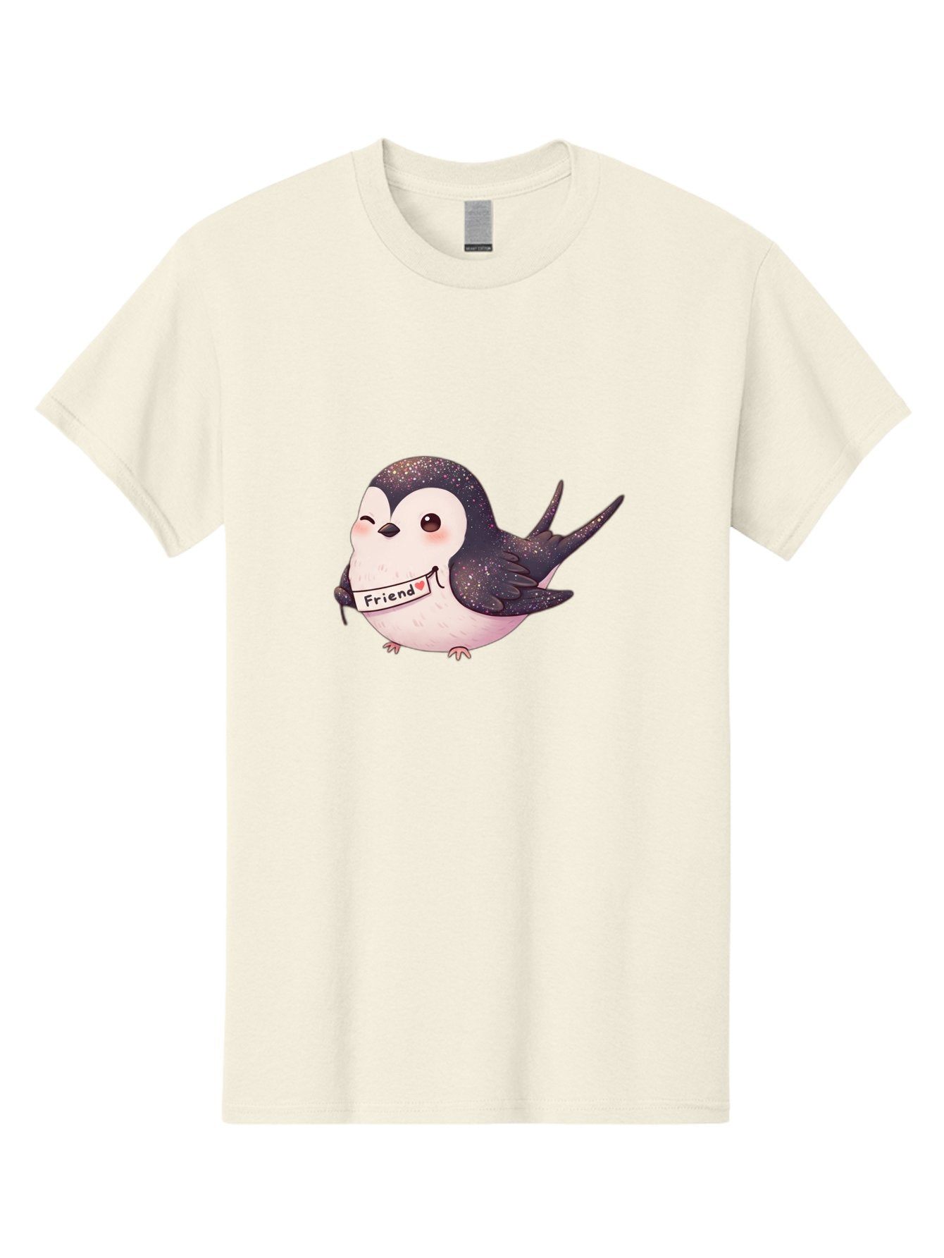 Friend Men'S Graphic Tee, 100% Cotton, Comfortable Casual Summer Wear, Machine Washable, Cartoon Bird, Friendship Symbol, Cute Animal, Bird Holding Sign, Sweet Gesture, Friendship Gift, Friendship Card, Adorable Illustration, Friendship Theme, Bae182