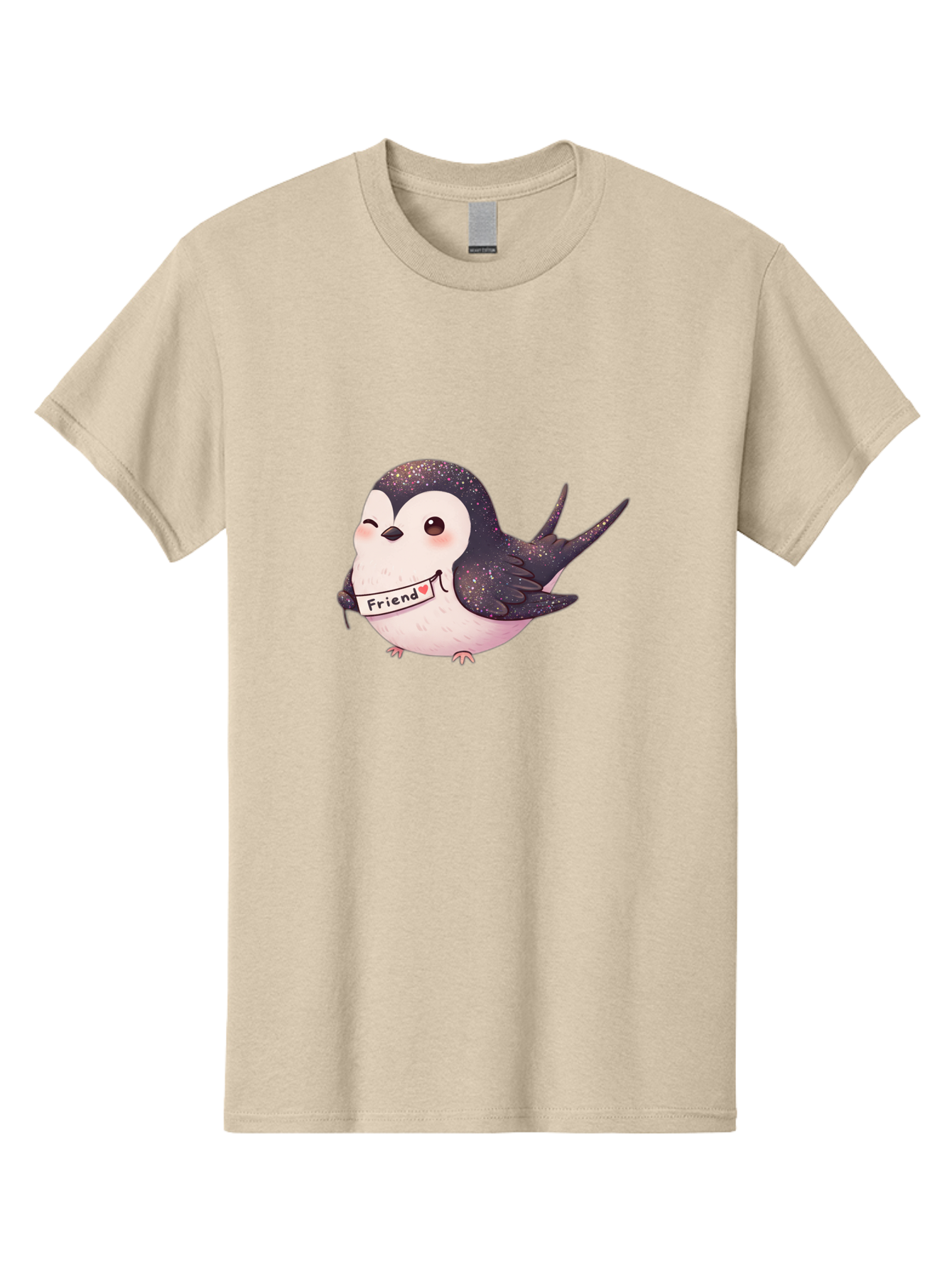 Friend Men'S Graphic Tee, 100% Cotton, Comfortable Casual Summer Wear, Machine Washable, Cartoon Bird, Friendship Symbol, Cute Animal, Bird Holding Sign, Sweet Gesture, Friendship Gift, Friendship Card, Adorable Illustration, Friendship Theme, Bae182 5