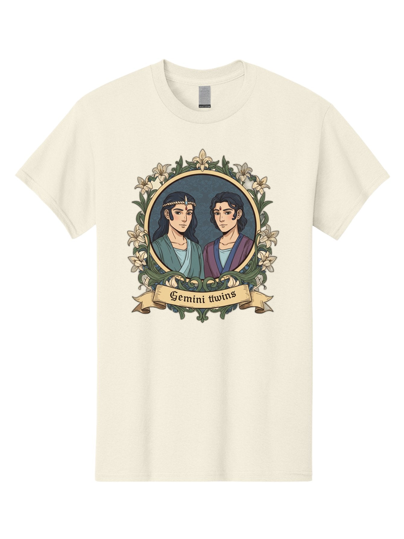 Gemini-Twins Men'S Graphic Tee, 100% Cotton, Comfortable Casual Summer Wear, Machine Washable, Gemini Twins, Astrological Sign, Zodiac Illustration, Twin Representation, Floral Wreath, Elegant Design, Symbolic Artwork, Mystical Symbols, Bae183 12