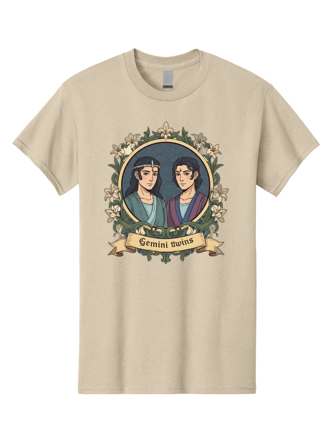 Gemini-Twins Men'S Graphic Tee, 100% Cotton, Comfortable Casual Summer Wear, Machine Washable, Gemini Twins, Astrological Sign, Zodiac Illustration, Twin Representation, Floral Wreath, Elegant Design, Symbolic Artwork, Mystical Symbols, Bae183 3