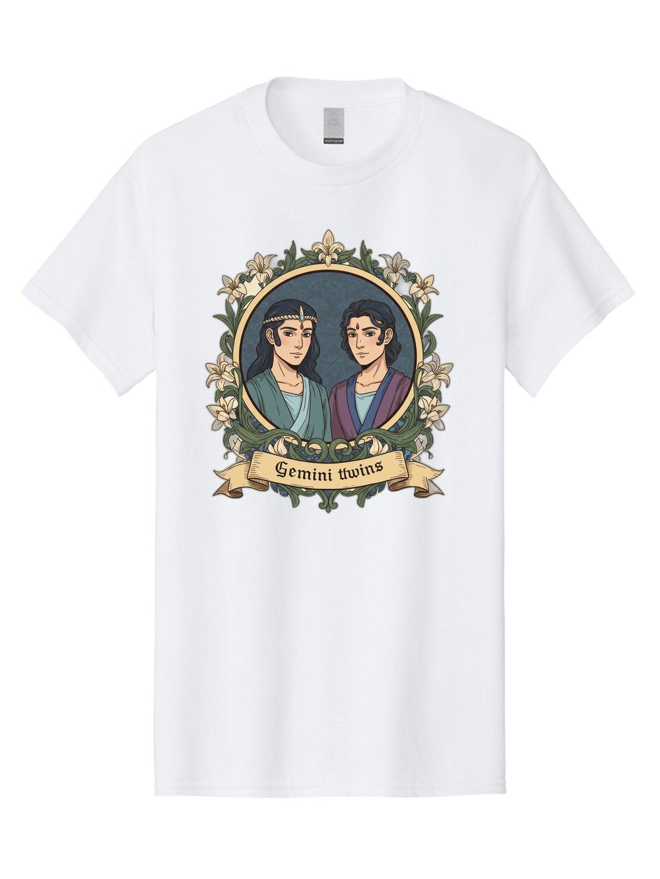 Gemini-Twins Men'S Graphic Tee, 100% Cotton, Comfortable Casual Summer Wear, Machine Washable, Gemini Twins, Astrological Sign, Zodiac Illustration, Twin Representation, Floral Wreath, Elegant Design, Symbolic Artwork, Mystical Symbols, Bae183 8