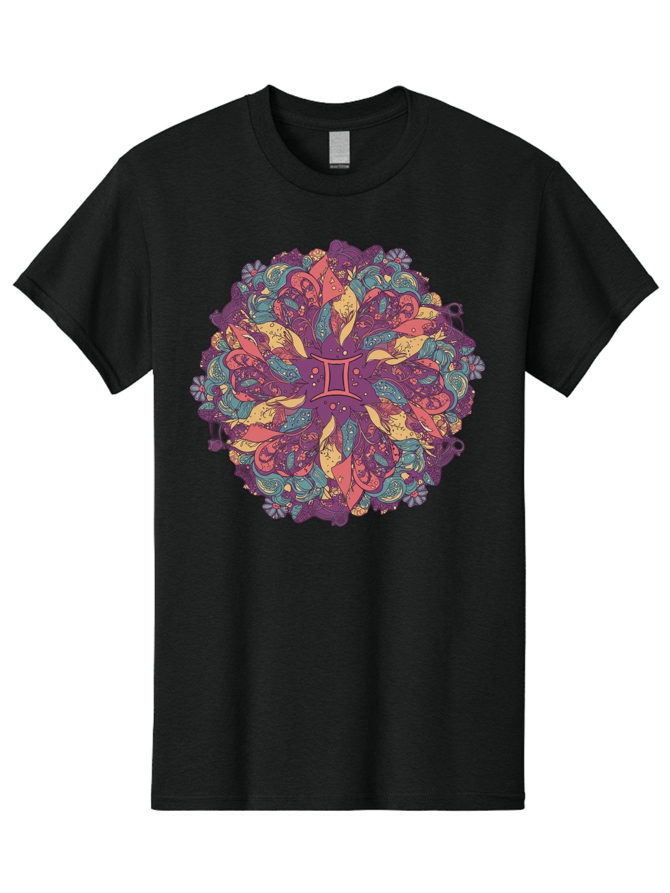 Gemini-Zodiac-Mandala Men'S Graphic Tee, 100% Cotton, Comfortable Casual Summer Wear, Machine Washable, Gemini Zodiac Symbol, Mandala Art, Floral Patterns, Paisley Designs, Purple, Pink, Blue, Yellow Hues, Intricate Details, Bohemian Style, Bae184 13