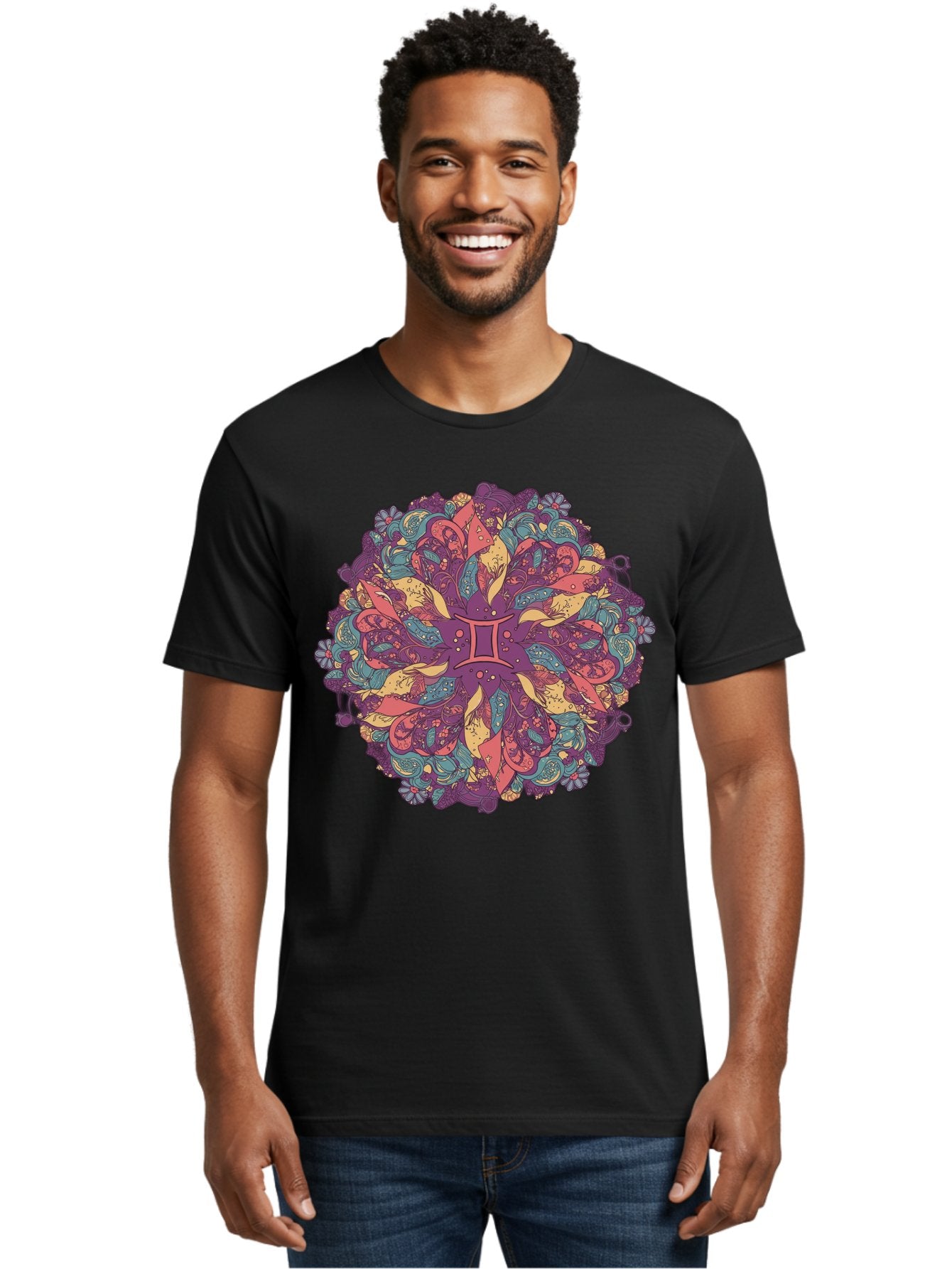 Gemini-Zodiac-Mandala Men'S Graphic Tee, 100% Cotton, Comfortable Casual Summer Wear, Machine Washable, Gemini Zodiac Symbol, Mandala Art, Floral Patterns, Paisley Designs, Purple, Pink, Blue, Yellow Hues, Intricate Details, Bohemian Style, Bae184 20