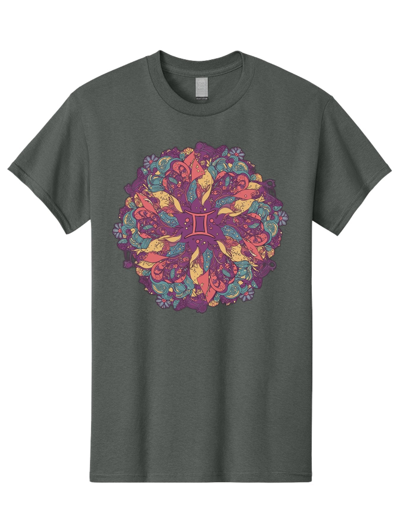 Gemini-Zodiac-Mandala Men'S Graphic Tee, 100% Cotton, Comfortable Casual Summer Wear, Machine Washable, Gemini Zodiac Symbol, Mandala Art, Floral Patterns, Paisley Designs, Purple, Pink, Blue, Yellow Hues, Intricate Details, Bohemian Style, Bae184 7
