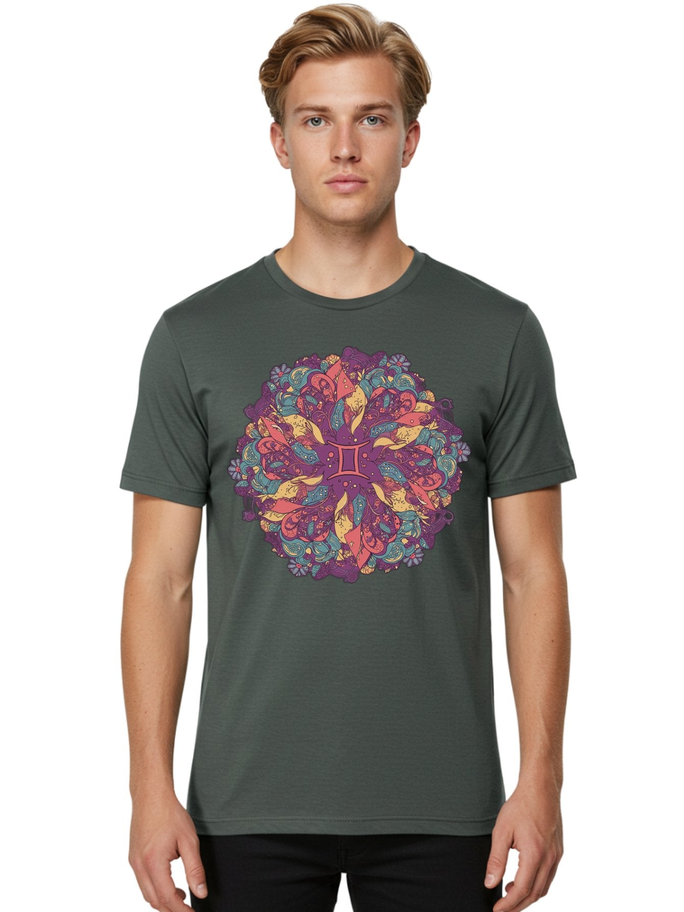 Gemini-Zodiac-Mandala Men'S Graphic Tee, 100% Cotton, Comfortable Casual Summer Wear, Machine Washable, Gemini Zodiac Symbol, Mandala Art, Floral Patterns, Paisley Designs, Purple, Pink, Blue, Yellow Hues, Intricate Details, Bohemian Style, Bae184 16
