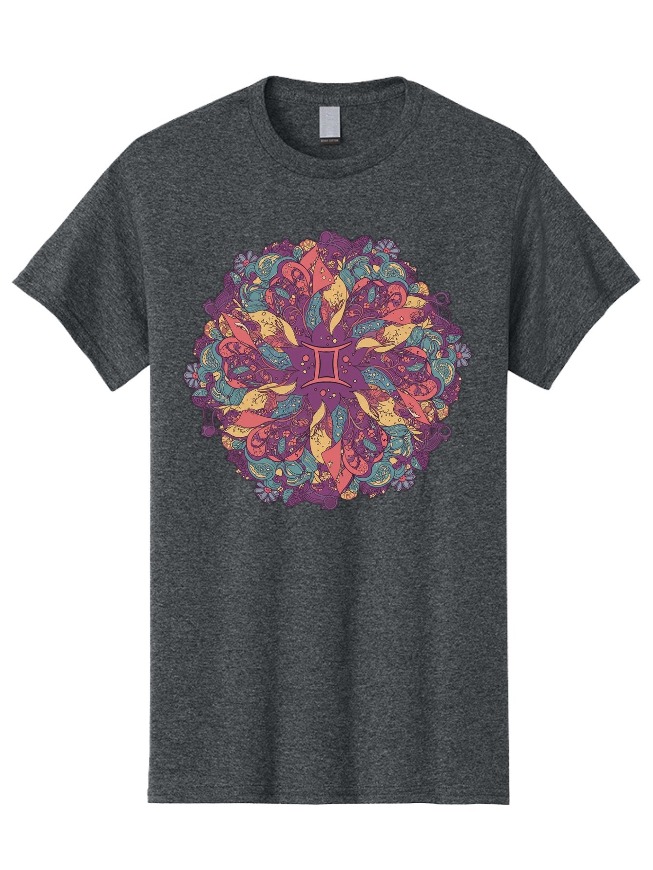 Gemini-Zodiac-Mandala Men'S Graphic Tee, 100% Cotton, Comfortable Casual Summer Wear, Machine Washable, Gemini Zodiac Symbol, Mandala Art, Floral Patterns, Paisley Designs, Purple, Pink, Blue, Yellow Hues, Intricate Details, Bohemian Style, Bae184