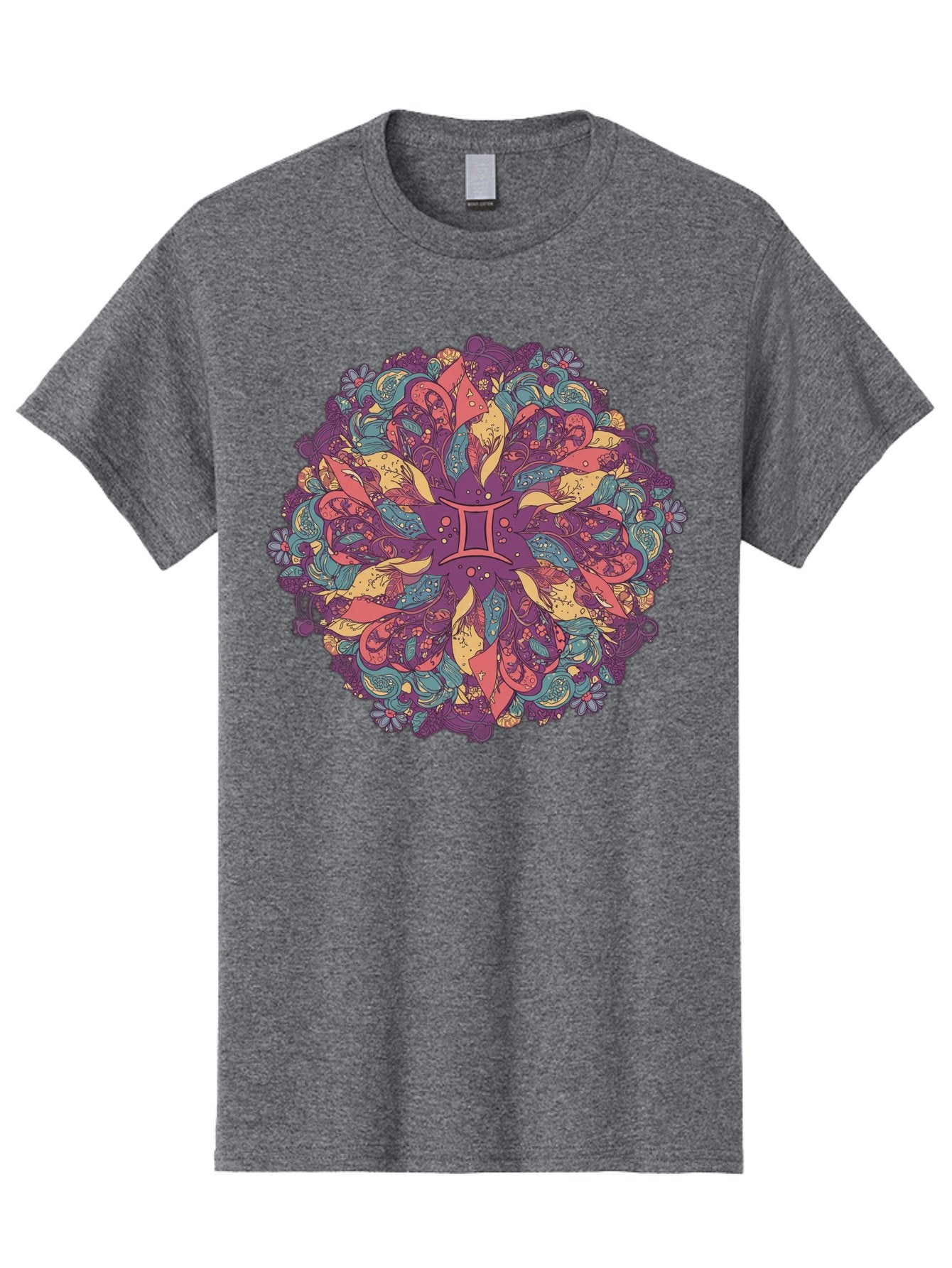 Gemini-Zodiac-Mandala Men'S Graphic Tee, 100% Cotton, Comfortable Casual Summer Wear, Machine Washable, Gemini Zodiac Symbol, Mandala Art, Floral Patterns, Paisley Designs, Purple, Pink, Blue, Yellow Hues, Intricate Details, Bohemian Style, Bae184 6