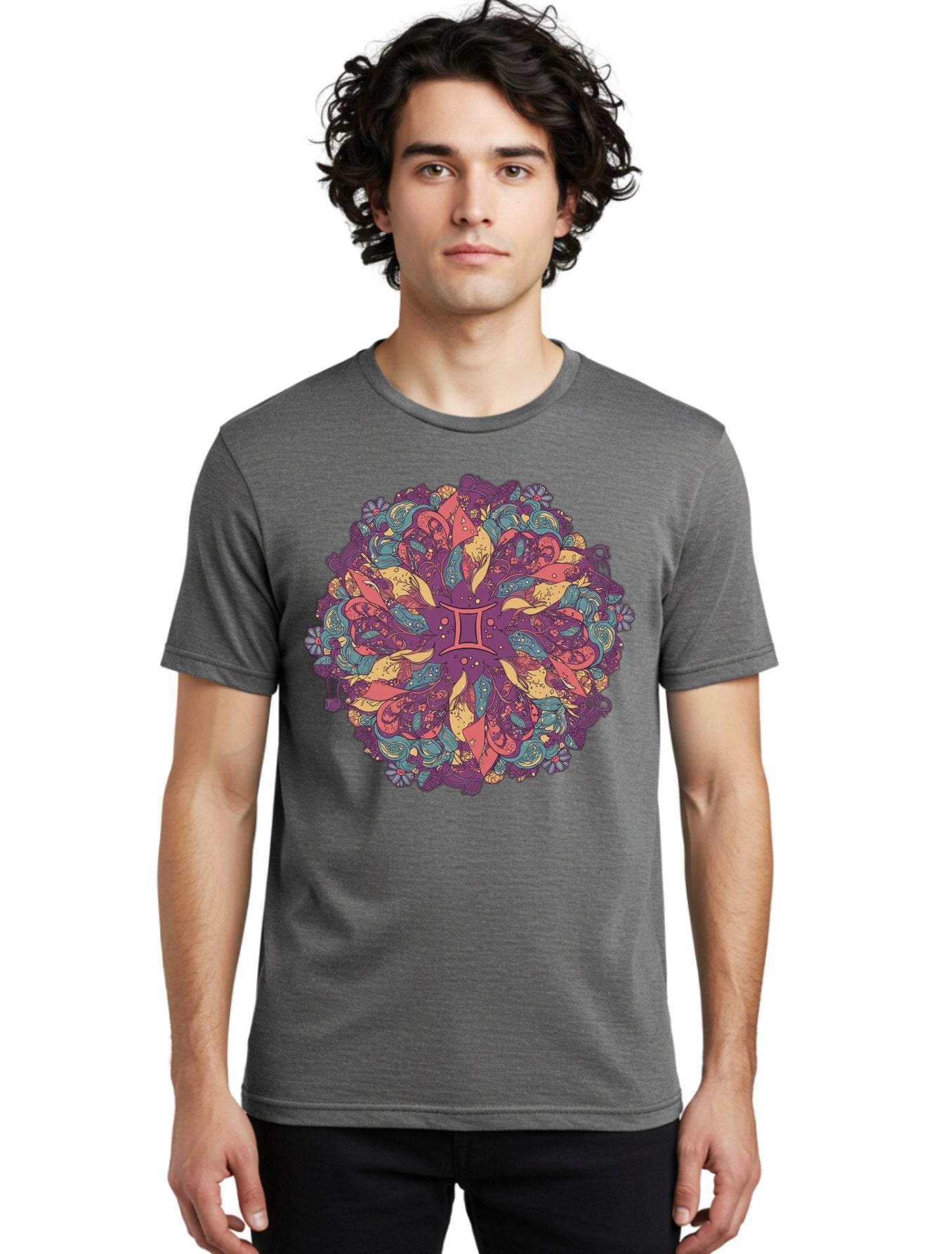 Gemini-Zodiac-Mandala Men'S Graphic Tee, 100% Cotton, Comfortable Casual Summer Wear, Machine Washable, Gemini Zodiac Symbol, Mandala Art, Floral Patterns, Paisley Designs, Purple, Pink, Blue, Yellow Hues, Intricate Details, Bohemian Style, Bae184 24
