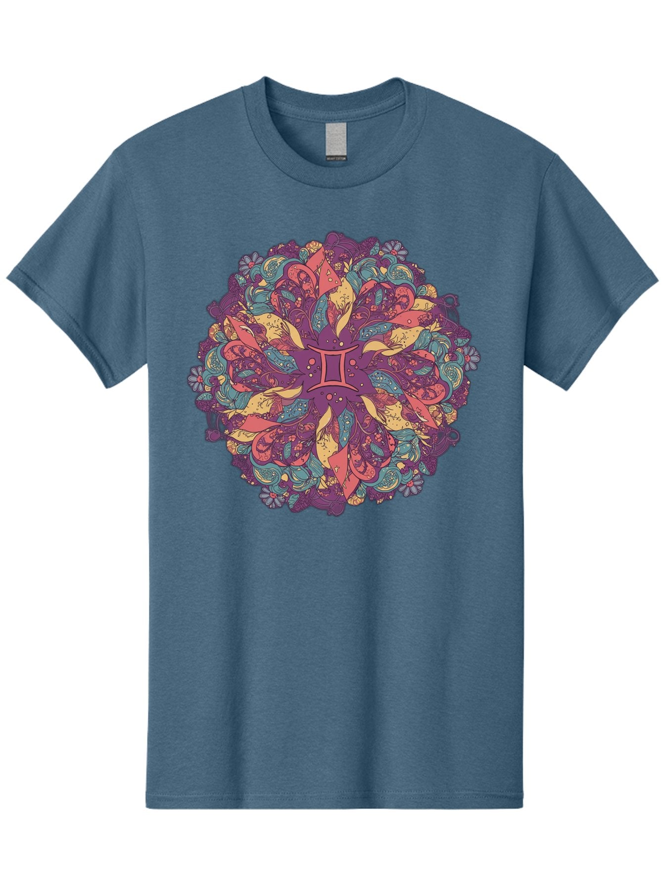 Gemini-Zodiac-Mandala Men'S Graphic Tee, 100% Cotton, Comfortable Casual Summer Wear, Machine Washable, Gemini Zodiac Symbol, Mandala Art, Floral Patterns, Paisley Designs, Purple, Pink, Blue, Yellow Hues, Intricate Details, Bohemian Style, Bae184 12