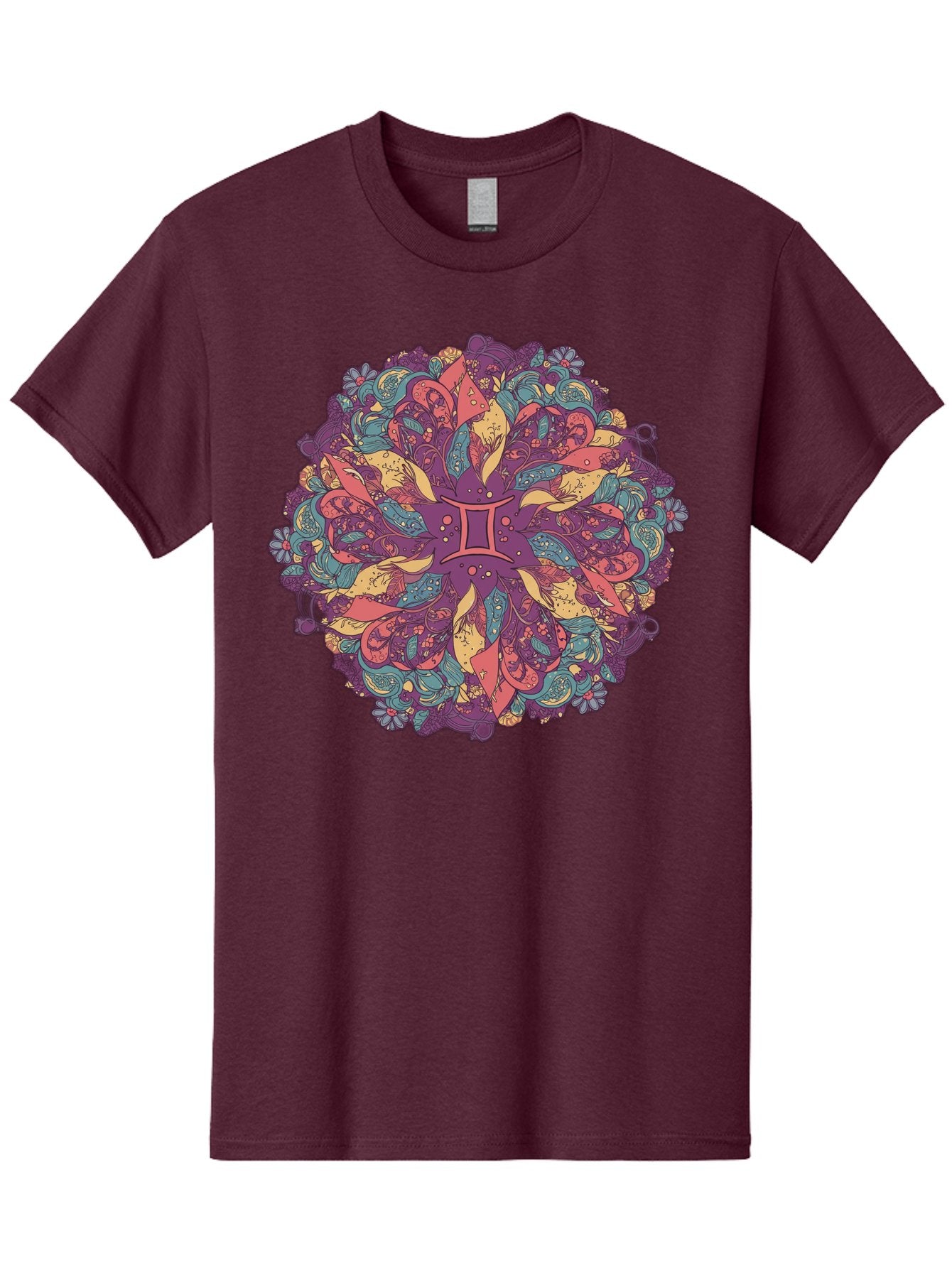Gemini-Zodiac-Mandala Men'S Graphic Tee, 100% Cotton, Comfortable Casual Summer Wear, Machine Washable, Gemini Zodiac Symbol, Mandala Art, Floral Patterns, Paisley Designs, Purple, Pink, Blue, Yellow Hues, Intricate Details, Bohemian Style, Bae184 11