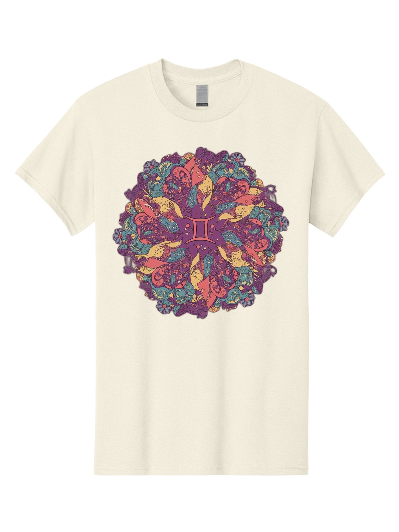 Gemini-Zodiac-Mandala Men'S Graphic Tee, 100% Cotton, Comfortable Casual Summer Wear, Machine Washable, Gemini Zodiac Symbol, Mandala Art, Floral Patterns, Paisley Designs, Purple, Pink, Blue, Yellow Hues, Intricate Details, Bohemian Style, Bae184 9