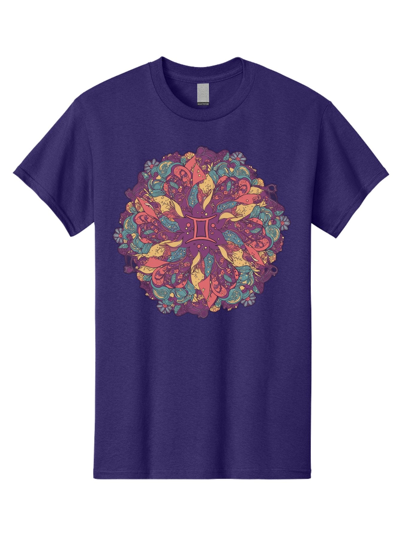 Gemini-Zodiac-Mandala Men'S Graphic Tee, 100% Cotton, Comfortable Casual Summer Wear, Machine Washable, Gemini Zodiac Symbol, Mandala Art, Floral Patterns, Paisley Designs, Purple, Pink, Blue, Yellow Hues, Intricate Details, Bohemian Style, Bae184