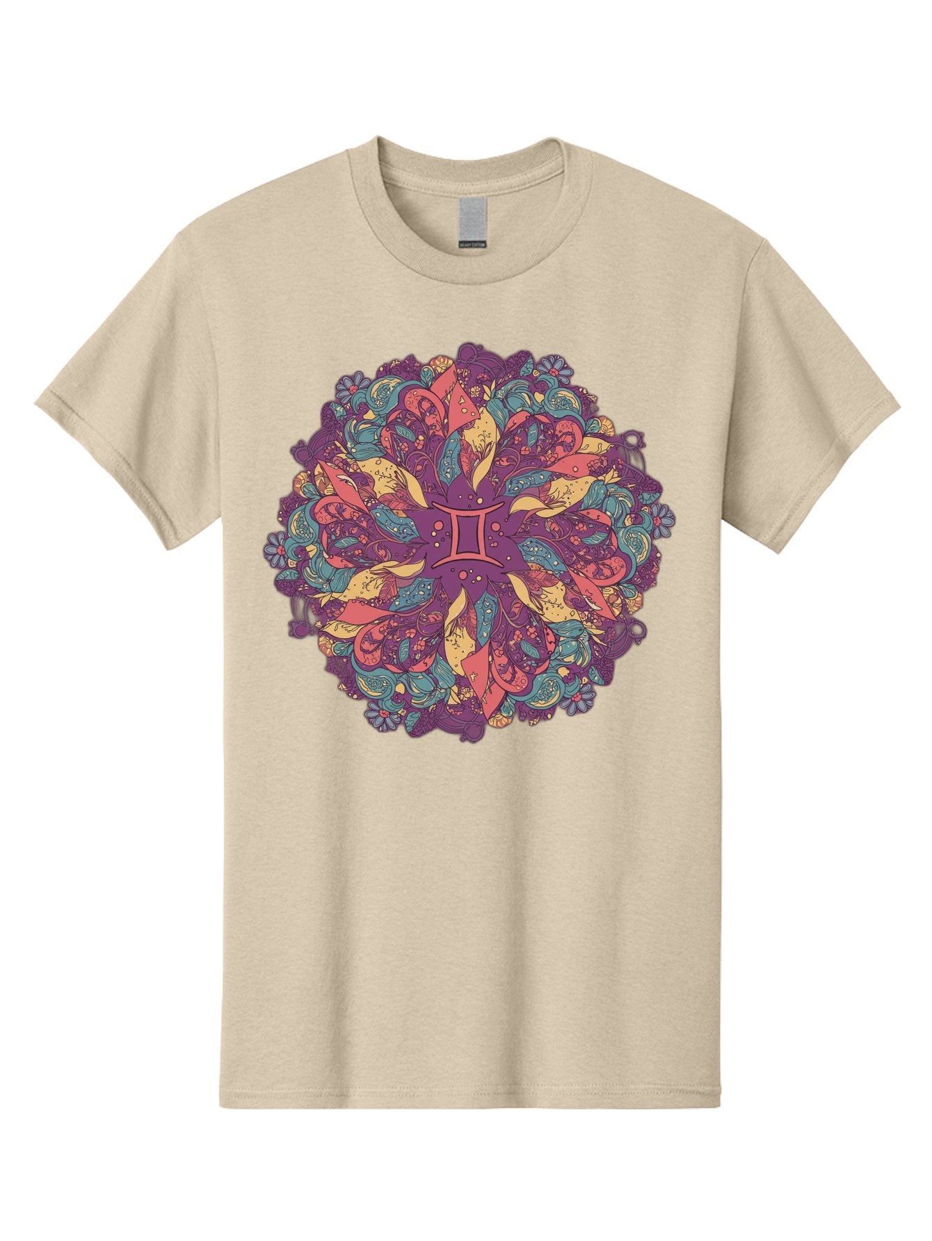 Gemini-Zodiac-Mandala Men'S Graphic Tee, 100% Cotton, Comfortable Casual Summer Wear, Machine Washable, Gemini Zodiac Symbol, Mandala Art, Floral Patterns, Paisley Designs, Purple, Pink, Blue, Yellow Hues, Intricate Details, Bohemian Style, Bae184 10