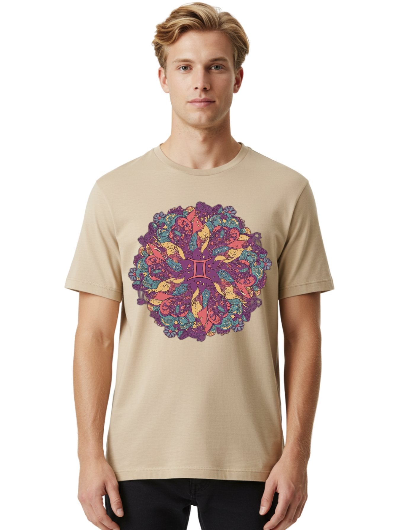 Gemini-Zodiac-Mandala Men'S Graphic Tee, 100% Cotton, Comfortable Casual Summer Wear, Machine Washable, Gemini Zodiac Symbol, Mandala Art, Floral Patterns, Paisley Designs, Purple, Pink, Blue, Yellow Hues, Intricate Details, Bohemian Style, Bae184 17