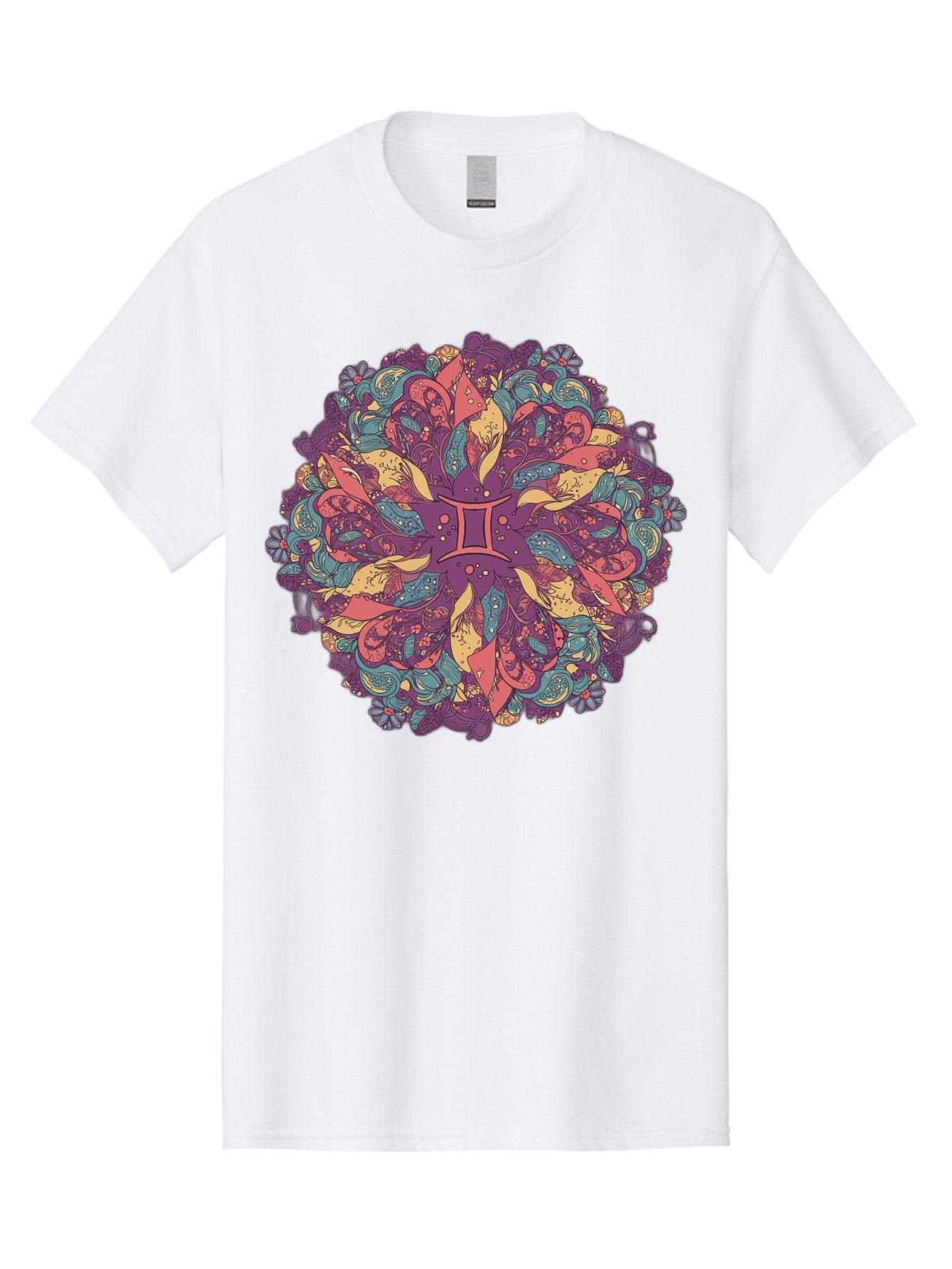 Gemini-Zodiac-Mandala Men'S Graphic Tee, 100% Cotton, Comfortable Casual Summer Wear, Machine Washable, Gemini Zodiac Symbol, Mandala Art, Floral Patterns, Paisley Designs, Purple, Pink, Blue, Yellow Hues, Intricate Details, Bohemian Style, Bae184 3