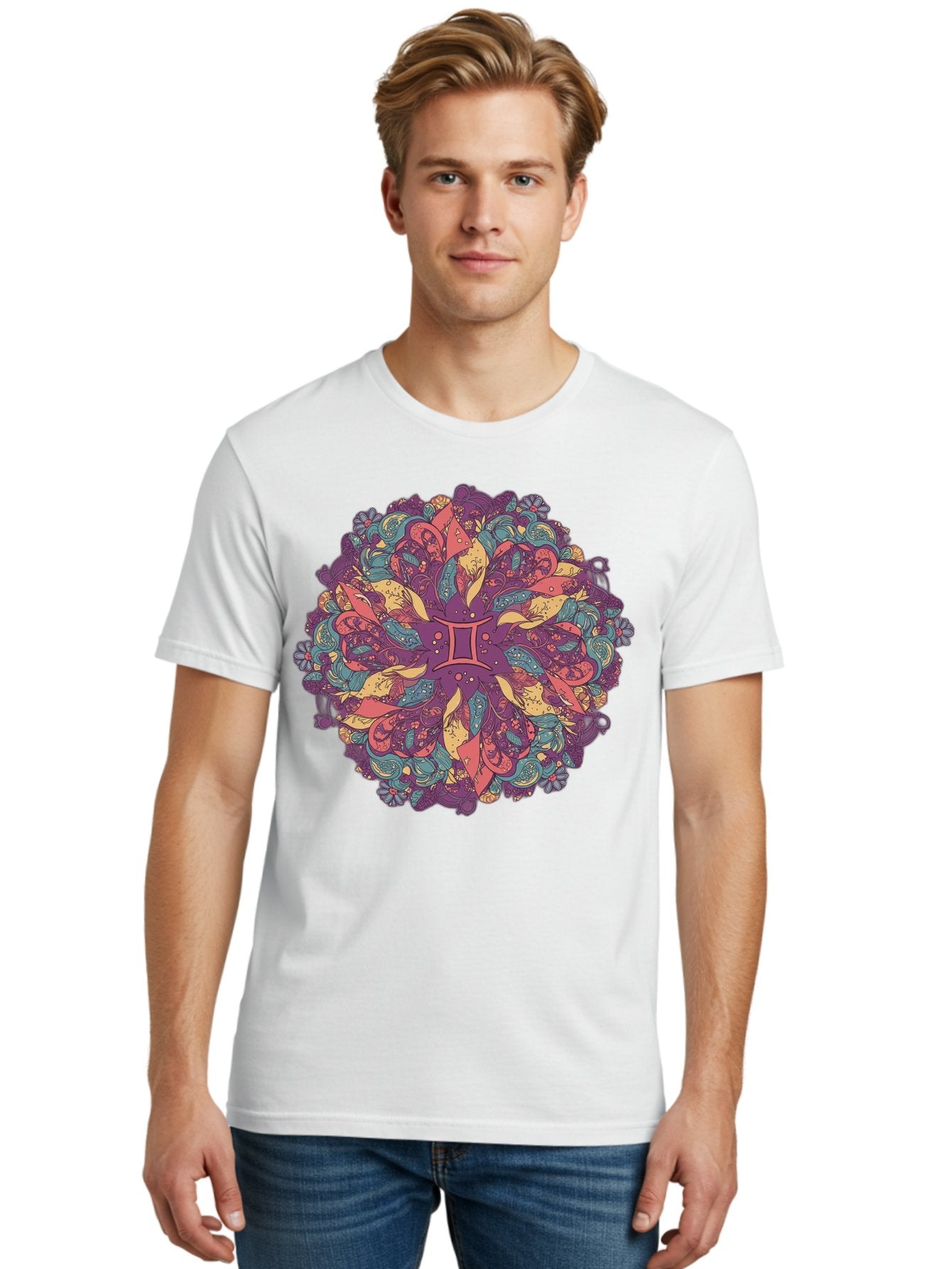 Gemini-Zodiac-Mandala Men'S Graphic Tee, 100% Cotton, Comfortable Casual Summer Wear, Machine Washable, Gemini Zodiac Symbol, Mandala Art, Floral Patterns, Paisley Designs, Purple, Pink, Blue, Yellow Hues, Intricate Details, Bohemian Style, Bae184 22