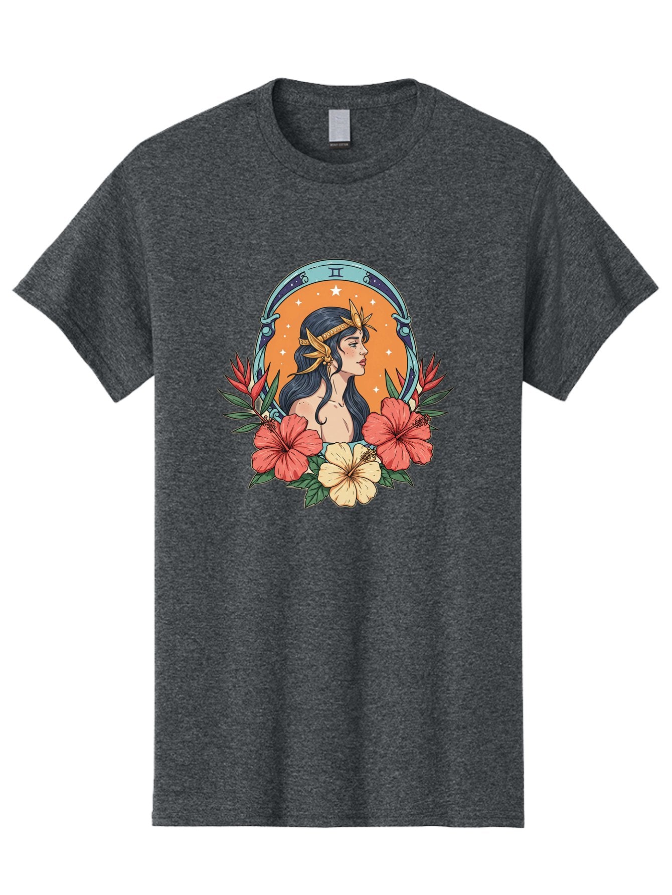 Gemini-Zodiac-Sign Men'S Graphic Tee, 100% Cotton, Comfortable Casual Summer Wear, Machine Washable, Gemini Zodiac Sign, Woman Portrait, Hibiscus Flowers, Stars, Celestial Theme, Astrology, Zodiac Symbols, Mystical, Feminine Beauty Bae185