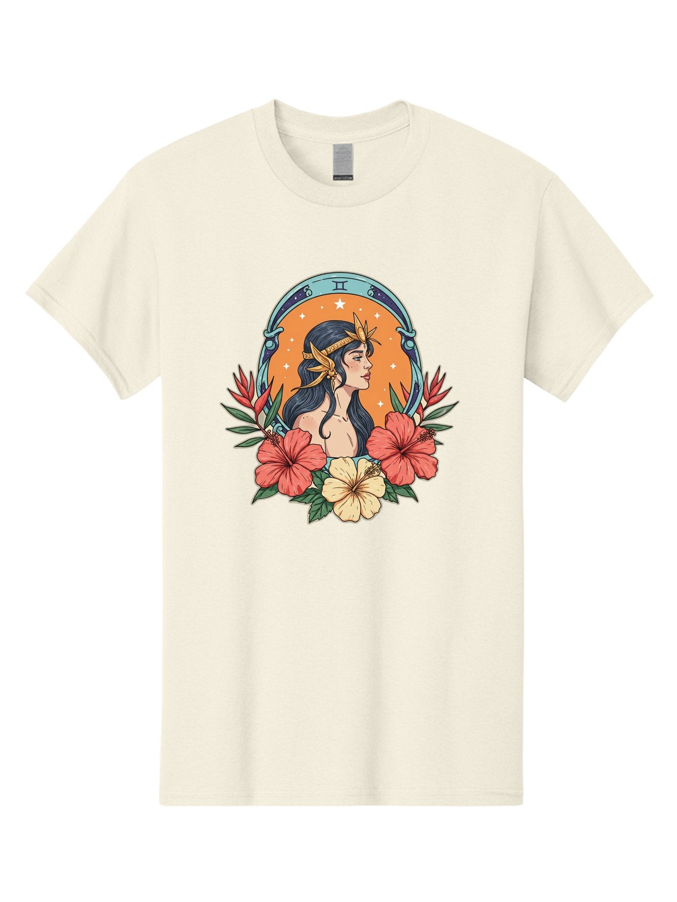 Gemini-Zodiac-Sign Men'S Graphic Tee, 100% Cotton, Comfortable Casual Summer Wear, Machine Washable, Gemini Zodiac Sign, Woman Portrait, Hibiscus Flowers, Stars, Celestial Theme, Astrology, Zodiac Symbols, Mystical, Feminine Beauty Bae185 11