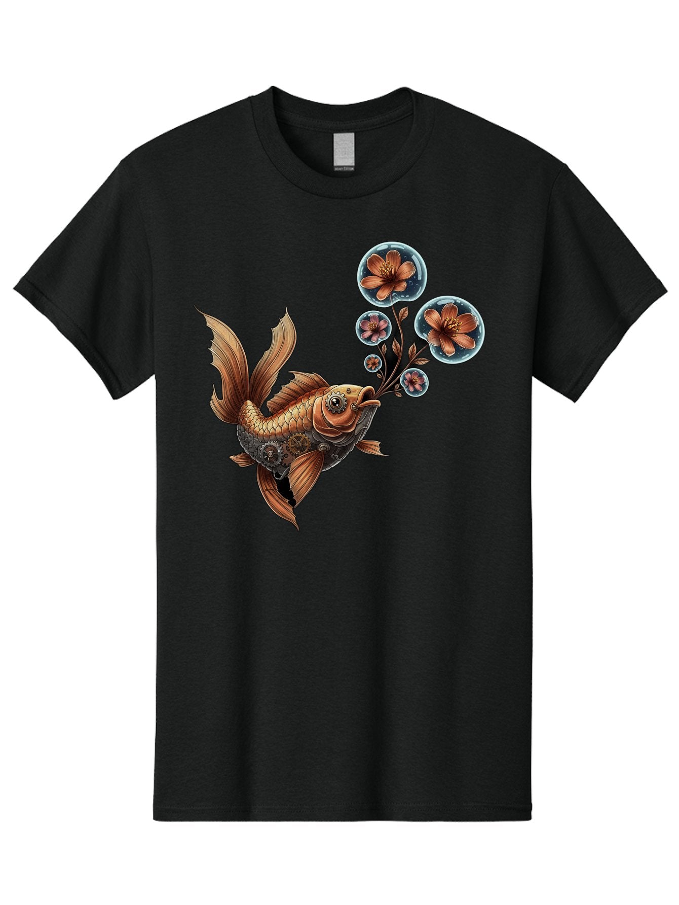 Goldfish-With-Flowers Men'S Graphic Tee, 100% Cotton, Comfortable Casual Summer Wear, Machine Washable, Koi Fish, Lotus Flowers, Bubbles, Floral Design, Fish Illustration, Orange And Gold, Water Theme, Decorative Art, Symbolic Fish, Bae189 13