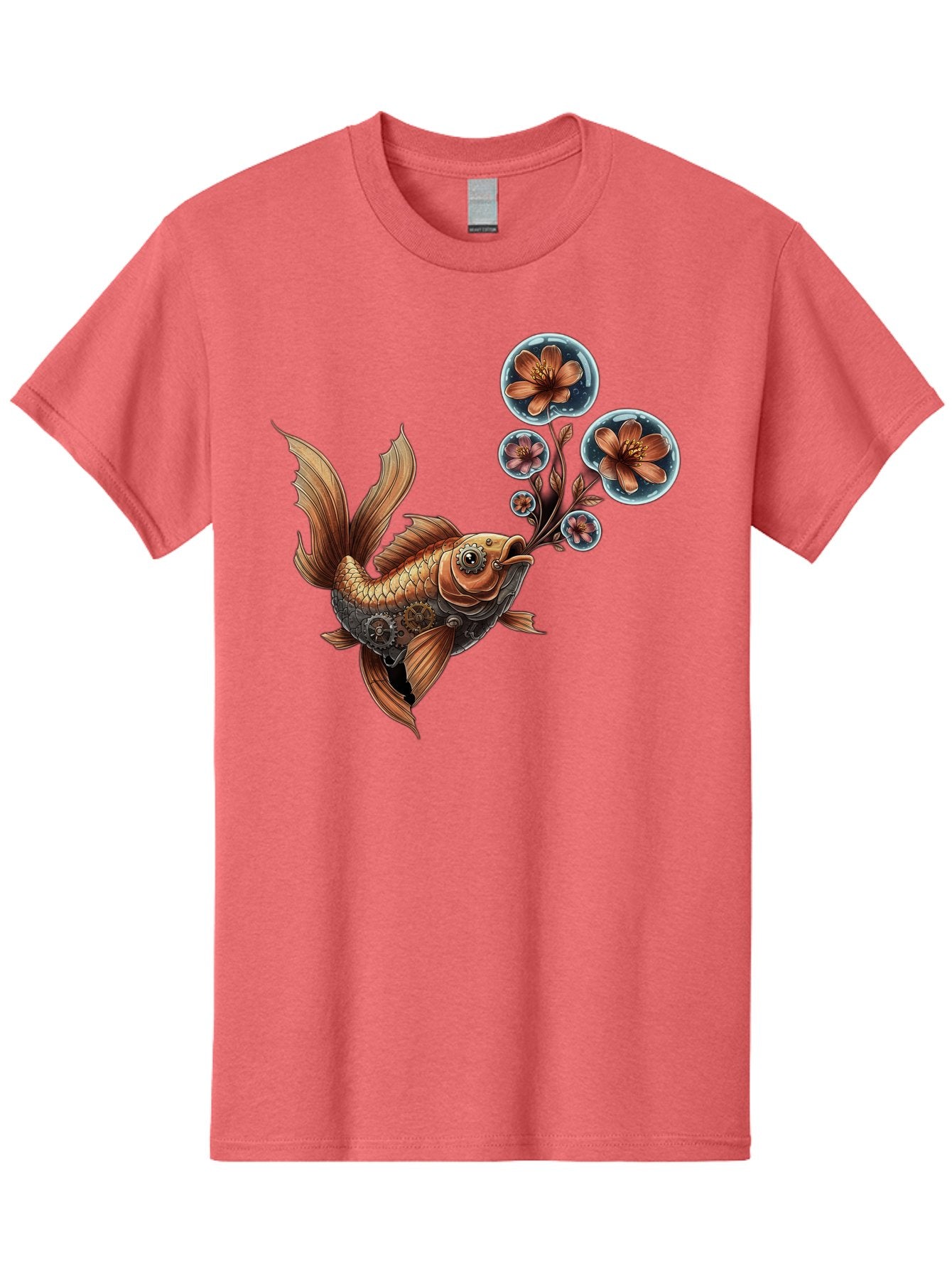 Goldfish-With-Flowers Men'S Graphic Tee, 100% Cotton, Comfortable Casual Summer Wear, Machine Washable, Koi Fish, Lotus Flowers, Bubbles, Floral Design, Fish Illustration, Orange And Gold, Water Theme, Decorative Art, Symbolic Fish, Bae189 12