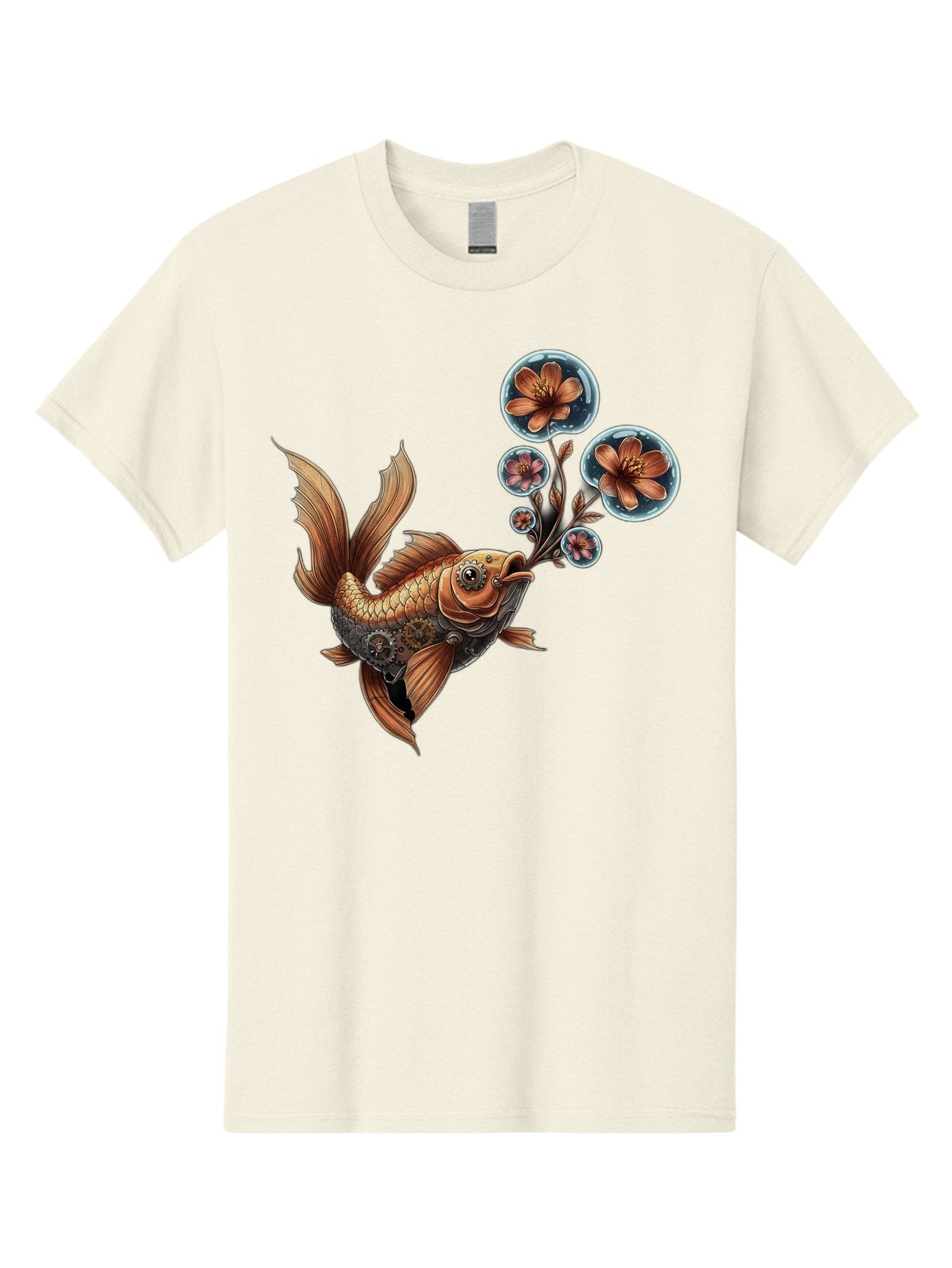 Goldfish-With-Flowers Men'S Graphic Tee, 100% Cotton, Comfortable Casual Summer Wear, Machine Washable, Koi Fish, Lotus Flowers, Bubbles, Floral Design, Fish Illustration, Orange And Gold, Water Theme, Decorative Art, Symbolic Fish, Bae189 6