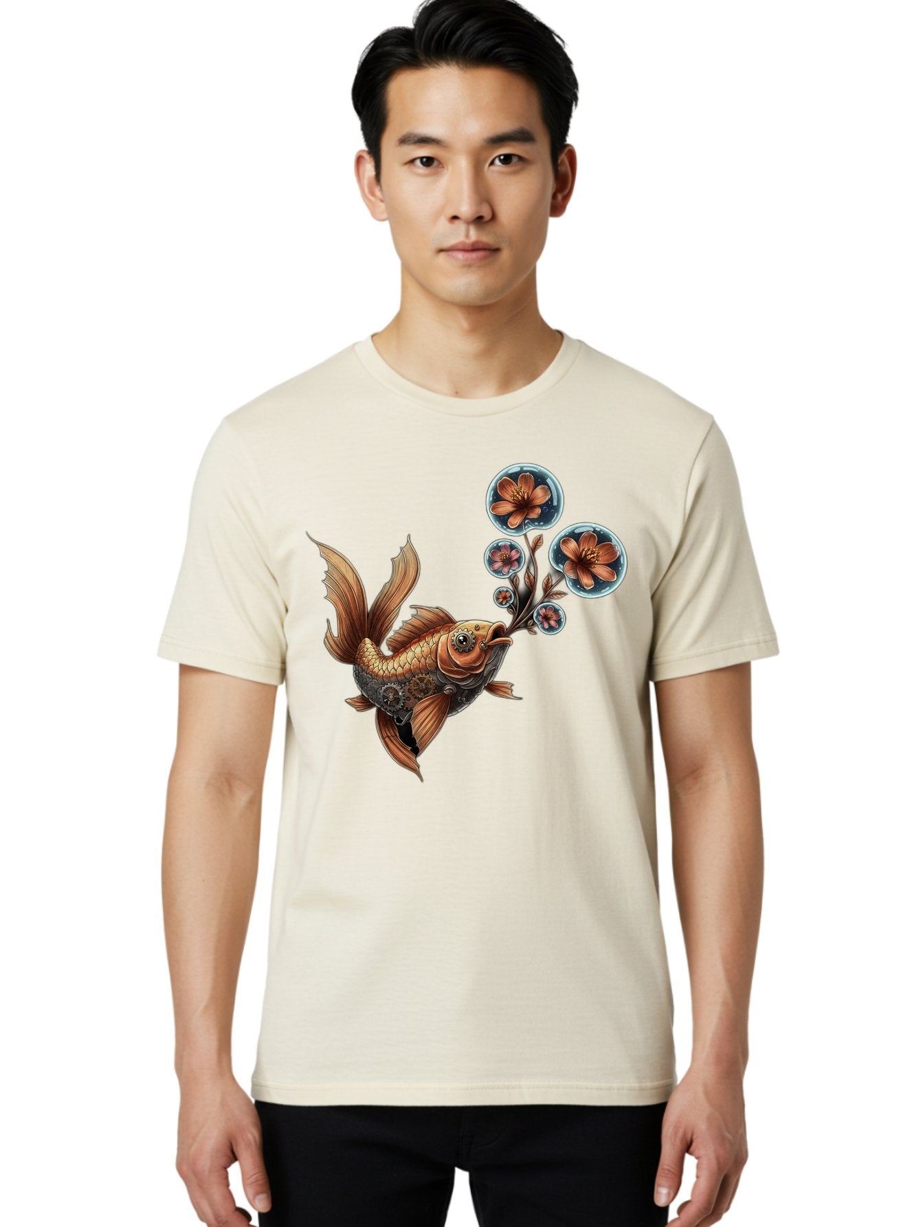 Goldfish-With-Flowers Men'S Graphic Tee, 100% Cotton, Comfortable Casual Summer Wear, Machine Washable, Koi Fish, Lotus Flowers, Bubbles, Floral Design, Fish Illustration, Orange And Gold, Water Theme, Decorative Art, Symbolic Fish, Bae189 24