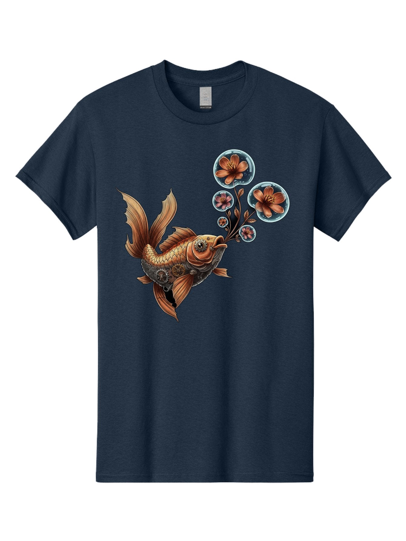 Goldfish-With-Flowers Men'S Graphic Tee, 100% Cotton, Comfortable Casual Summer Wear, Machine Washable, Koi Fish, Lotus Flowers, Bubbles, Floral Design, Fish Illustration, Orange And Gold, Water Theme, Decorative Art, Symbolic Fish, Bae189 10