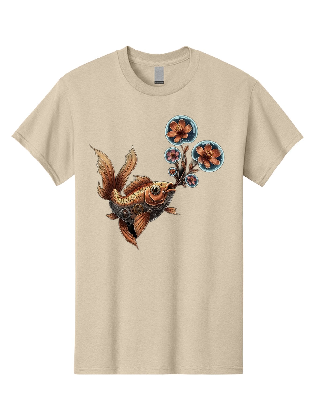 Goldfish-With-Flowers Men'S Graphic Tee, 100% Cotton, Comfortable Casual Summer Wear, Machine Washable, Koi Fish, Lotus Flowers, Bubbles, Floral Design, Fish Illustration, Orange And Gold, Water Theme, Decorative Art, Symbolic Fish, Bae189 9