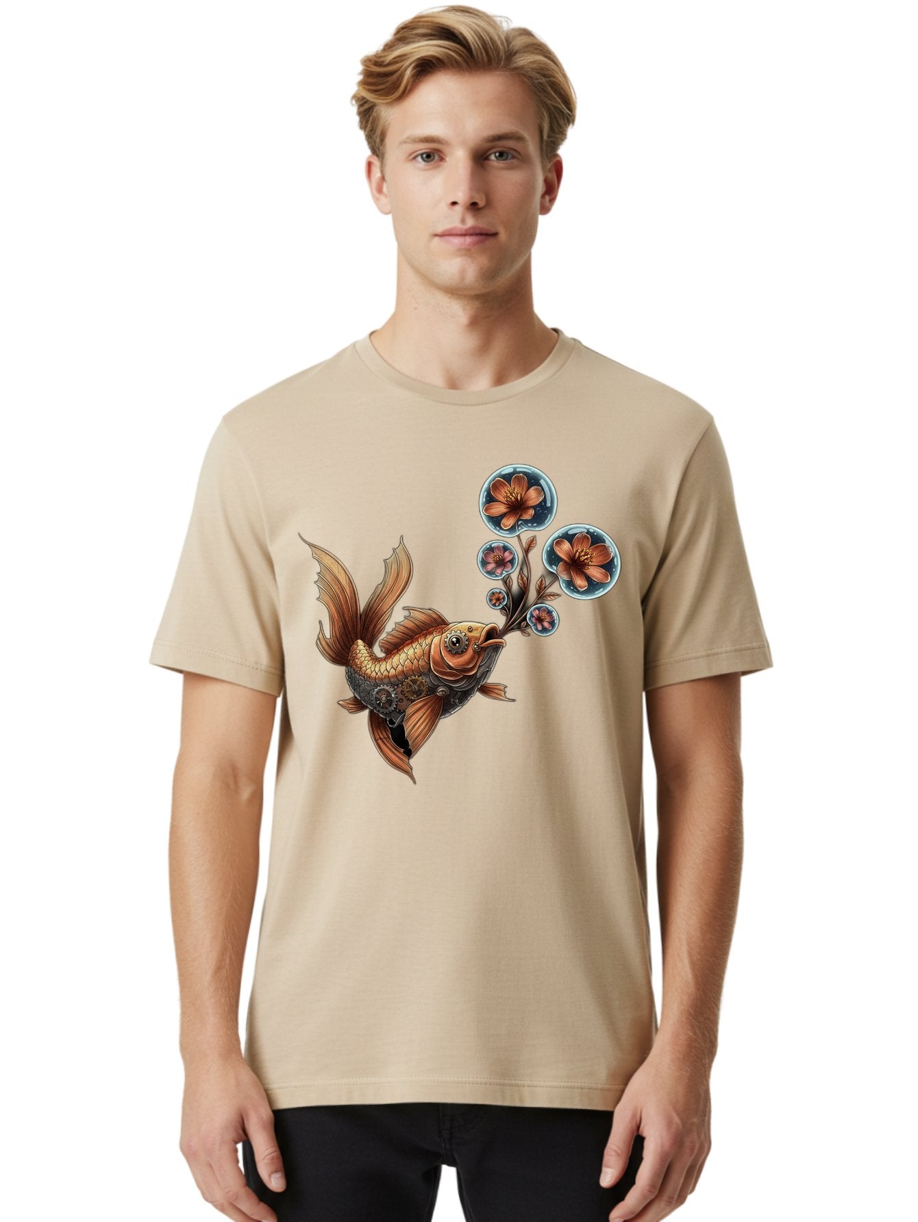 Goldfish-With-Flowers Men'S Graphic Tee, 100% Cotton, Comfortable Casual Summer Wear, Machine Washable, Koi Fish, Lotus Flowers, Bubbles, Floral Design, Fish Illustration, Orange And Gold, Water Theme, Decorative Art, Symbolic Fish, Bae189 26