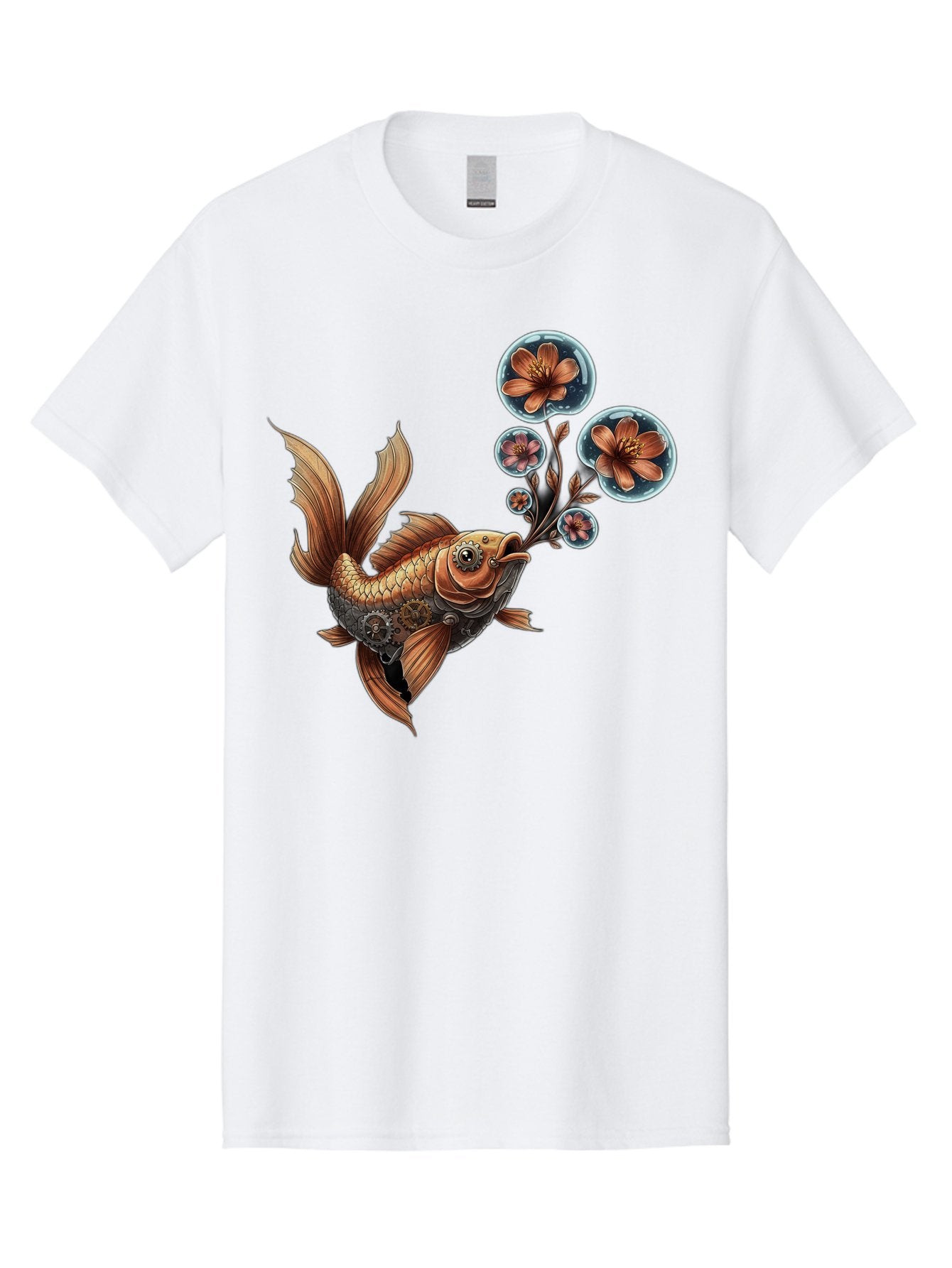 Goldfish-With-Flowers Men'S Graphic Tee, 100% Cotton, Comfortable Casual Summer Wear, Machine Washable, Koi Fish, Lotus Flowers, Bubbles, Floral Design, Fish Illustration, Orange And Gold, Water Theme, Decorative Art, Symbolic Fish, Bae189 11