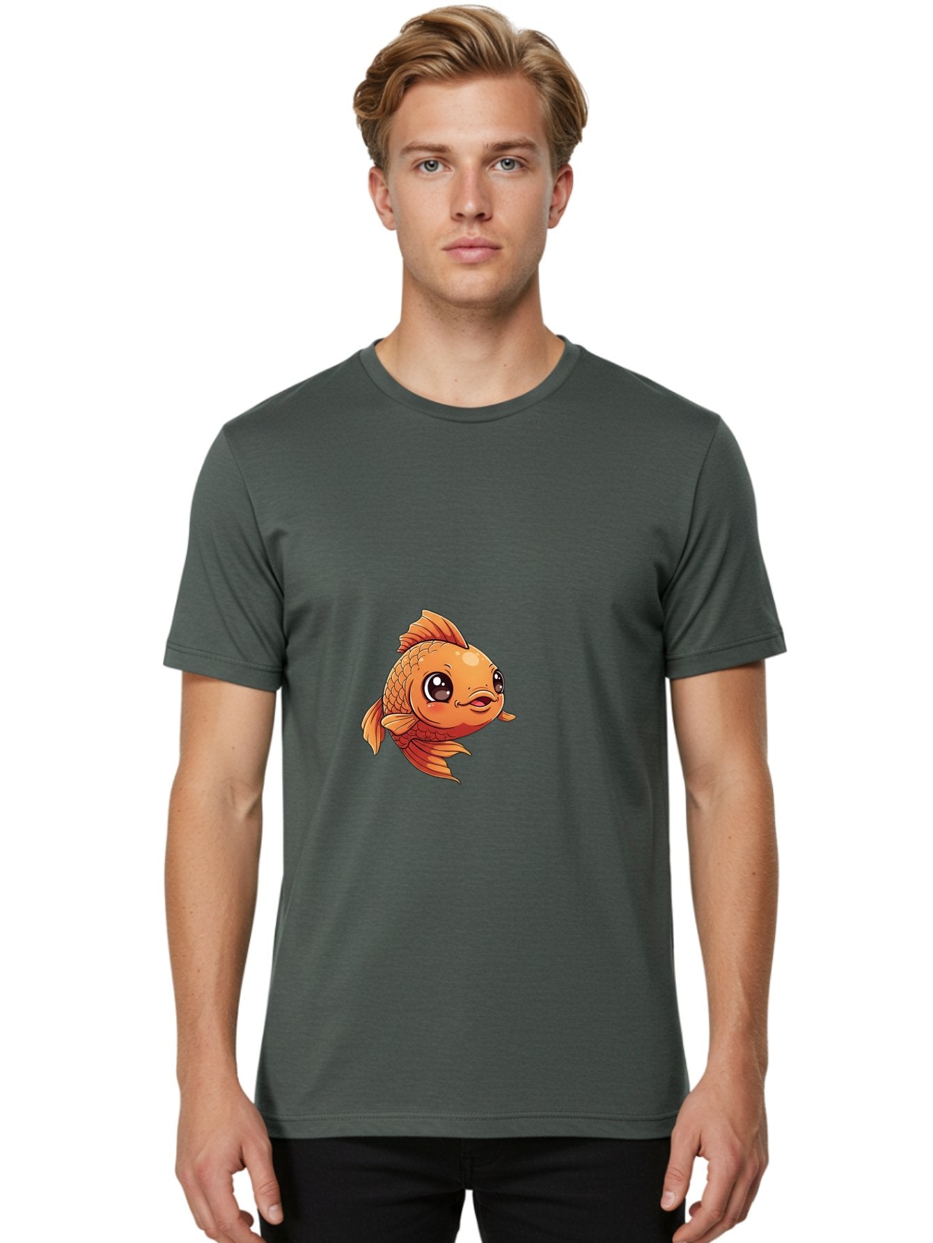 Goldfish Men'S Graphic Tee, 100% Cotton, Comfortable Casual Summer Wear, Machine Washable, Cartoon Goldfish, Orange Fish, Kawaii Character, Adorable Face, Cute Illustration, Whimsical Design, Playful Expression, Digital Art, Animated Character Bae190 30