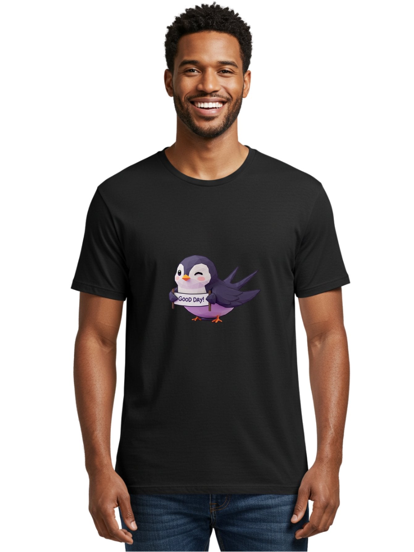 Good-Day-Bird Men'S Graphic Tee, 100% Cotton, Comfortable Casual Summer Wear, Machine Washable, Cartoon Bird, Good Day Sign, Kawaii Animal, Cute Illustration, Purple Bird, Winking Bird, Positive Vibes, Morning Motivation, Funny Graphics, Bae191 22