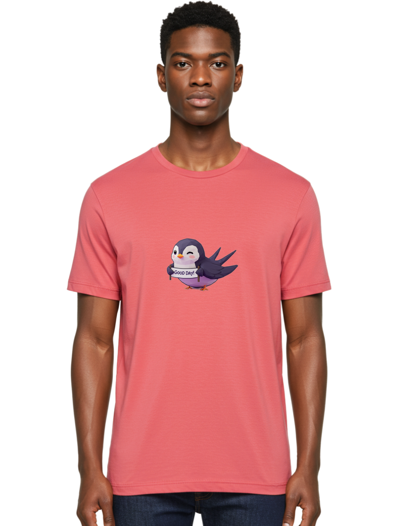 Good-Day-Bird Men'S Graphic Tee, 100% Cotton, Comfortable Casual Summer Wear, Machine Washable, Cartoon Bird, Good Day Sign, Kawaii Animal, Cute Illustration, Purple Bird, Winking Bird, Positive Vibes, Morning Motivation, Funny Graphics, Bae191 19
