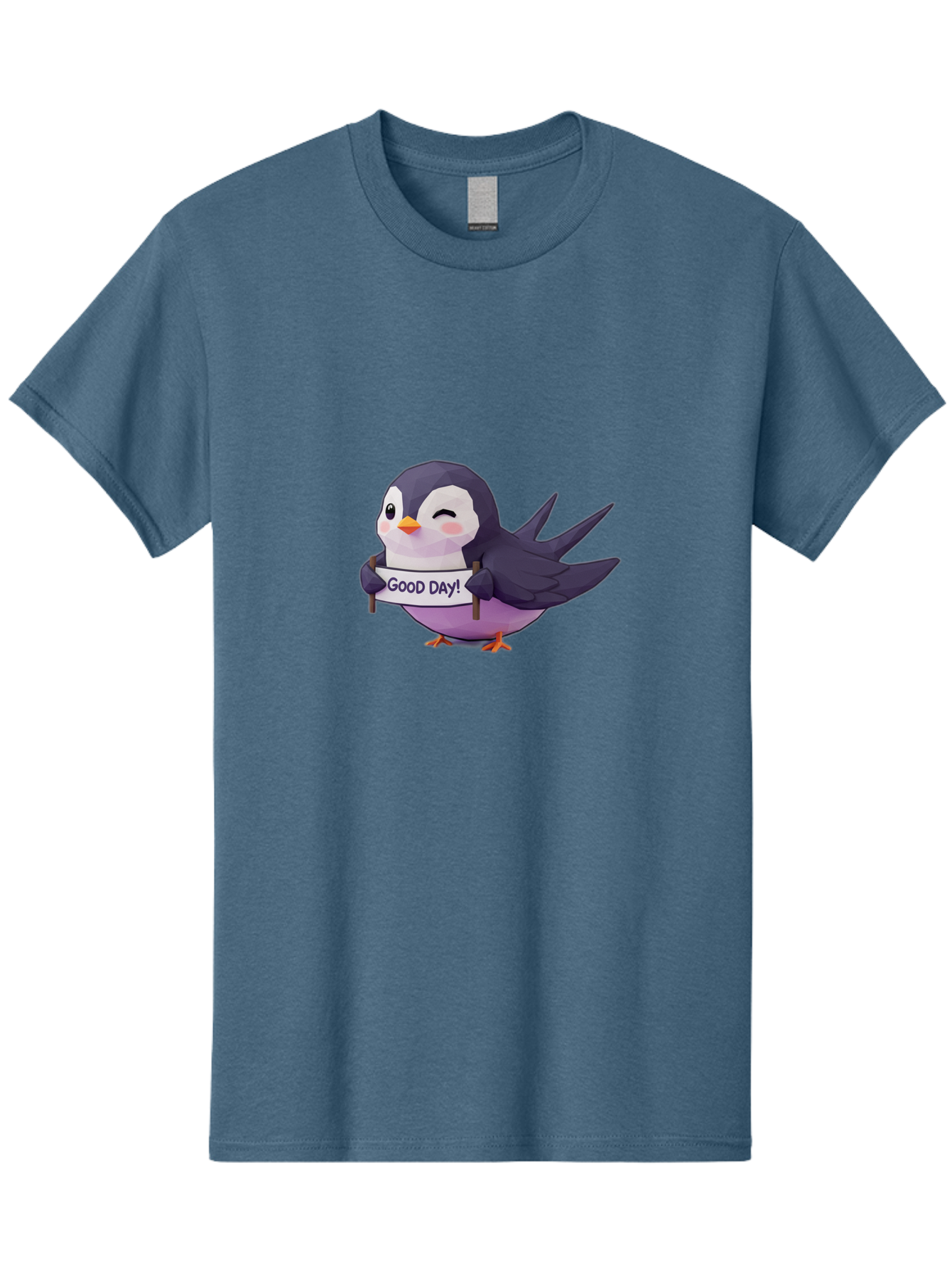 Good-Day-Bird Men'S Graphic Tee, 100% Cotton, Comfortable Casual Summer Wear, Machine Washable, Cartoon Bird, Good Day Sign, Kawaii Animal, Cute Illustration, Purple Bird, Winking Bird, Positive Vibes, Morning Motivation, Funny Graphics, Bae191