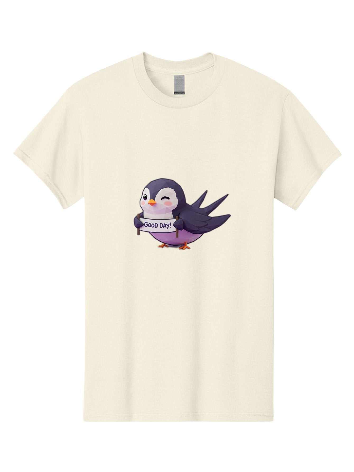 Good-Day-Bird Men'S Graphic Tee, 100% Cotton, Comfortable Casual Summer Wear, Machine Washable, Cartoon Bird, Good Day Sign, Kawaii Animal, Cute Illustration, Purple Bird, Winking Bird, Positive Vibes, Morning Motivation, Funny Graphics, Bae191